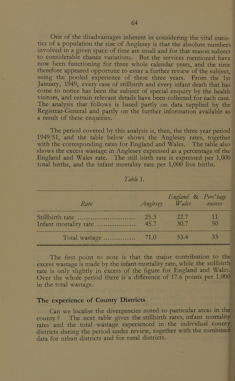 One of the disadvantages inherent in considering the vital statis- tics of a population the size of Anglesey is that the absolute numbers involved in a given space of time are small and for that reason subject to considerable chance variations. But the services mentioned have now been functioning for three whole calendar years, and the time therefore appeared opportune to essay a further review of the subject, using the pooled experience of these three years. From the 1st January, 1949, every case of stillbirth and every infant death that has come to notice has been the subject of special enquiry by the health visitors, and certain relevant details have been collected for each case. The analysis that follows is based partly on data supplied by the Registrar-General and partly on the further information available as a result of these enquiries. The period covered by this analysis is, then, the three year period 1949/51, and the table below shows the Anglesey rates, together with the corresponding rates for England and Wales. The table also shows the excess wastage in Anglesey expressed as a percentage of the England and Wales rate. The still birth rate is expressed per 1,000 total births, and the infant mortality rate per 1,000 live births. Table 1. England & Perc’tage Rate Anglesey Wales excess Stillbirth rate 25.3 22.7 11 Infant mortality rate 45.7 30.7 50 Total wastage 71.0 53.4 33 The first point to note is that the major contribution to the excess wastage is made by the infant mortality rate, while the stillbirth rate is only slightly in excess of the figure for England and Wales. Over the whole period there is a difference of 17.6 points per 1,000 in the total wastage. The experience of County Districts Can we localise the divergencies noted to particular areas in the county ? The next table gives the stillbirth rates, infant mortality rates and the total wastage experienced in the individual county districts during the period under review, together with the combined data for urban districts and for rural districts.