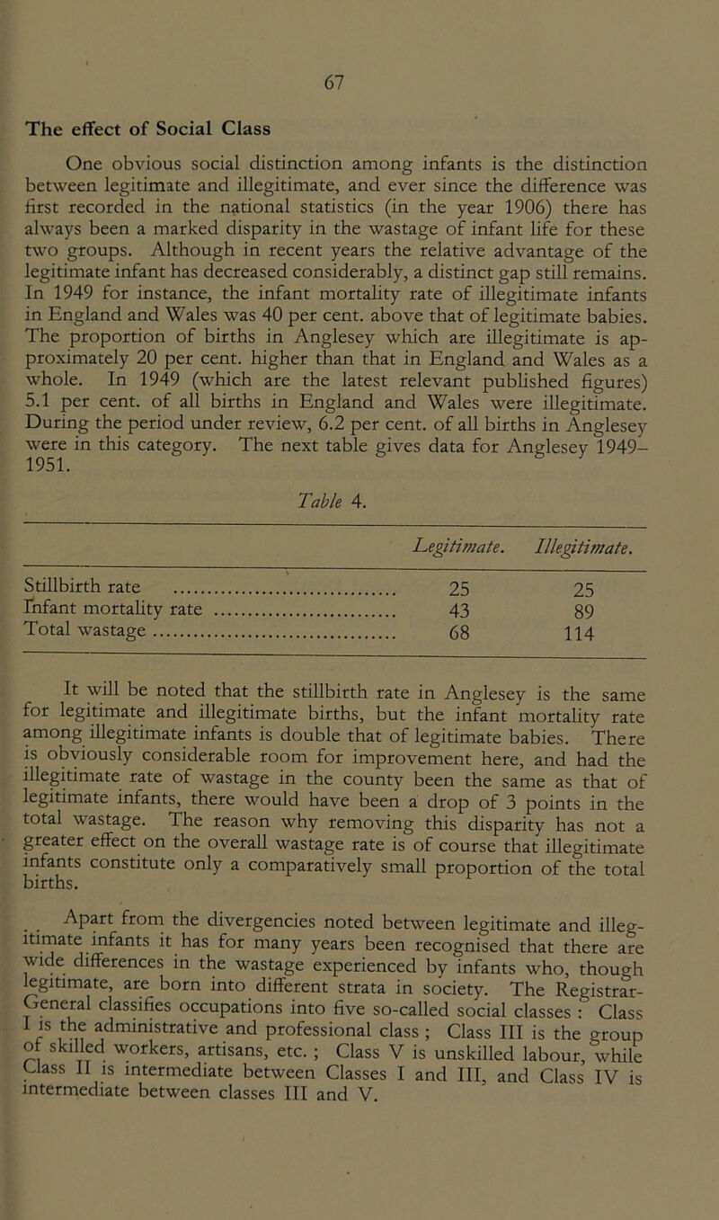 The effect of Social Class One obvious social distinction among infants is the distinction between legitimate and illegitimate, and ever since the difference was first recorded in the national statistics (in the year 1906) there has always been a marked disparity in the wastage of infant life for these two groups. Although in recent years the relative advantage of the legitimate infant has decreased considerably, a distinct gap still remains. In 1949 for instance, the infant mortality rate of illegitimate infants in England and Wales was 40 per cent, above that of legitimate babies. The proportion of births in Anglesey which are illegitimate is ap- proximately 20 per cent, higher than that in England and Wales as a whole. In 1949 (which are the latest relevant published figures) 5.1 per cent, of all births in England and Wales were illegitimate. During the period under review, 6.2 per cent, of all births in Anglesey were in this category. The next table gives data for Anglesey 1949- Table 4. Legitimate. Illegitimate. Stillbirth rate 25 Infant mortality rate 43 89 Total wastage 114 It will be noted that the stillbirth rate in Anglesey is the same for legitimate and illegitimate births, but the infant mortality rate among illegitimate infants is double that of legitimate babies. There is obviously considerable room for improvement here, and had the illegitimate rate of wastage in the county been the same as that of legitimate infants, there would have been a drop of 3 points in the total wastage. The reason why removing this disparity has not a greater effect on the overall wastage rate is of course that illegitimate infants constitute only a comparatively small proportion of the total births. Apart from the divergencies noted between legitimate and illeg- itimate infants it has for many years been recognised that there are wide differences in the wastage experienced by infants who, though legitimate, are born into different strata in society. The Registrar- General classifies occupations into five so-called social classes : Class I is the administrative and professional class ; Class III is the group o skilled workers, artisans, etc. ; Class V is unskilled labour, while Class II is intermediate between Classes I and III, and Class IV is intermediate between classes III and V.