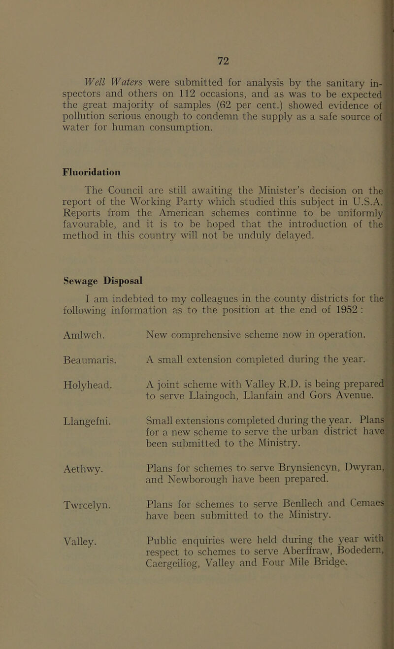 Well Waters were submitted for analysis by the sanitary in- spectors and others on 112 occasions, and as was to be expected the great majority of samples (62 per cent.) showed evidence of pollution serious enough to condemn the supply as a safe source of water for human consumption. Fluoridation The Council are still awaiting the Minister’s decision on the report of the Working Party which studied this subject in U.S.A. Reports from the American schemes continue to be uniformly favourable, and it is to be hoped that the introduction of the method in this country will not be unduly delayed. \ Sewage Disposal I am indebted to my colleagues in the county districts for the , following information as to the position at the end of 1952 : 1 C Amlwch. New comprehensive scheme now in operation. r Beaumaris. Holyhead. Llangefni. A small extension completed during the year. 1 A joint scheme with Valley R.D. is being preparedly to serve Llaingoch, Llanfain and Gors Avenue. s Small extensions completed during the year. Plans;,, for a new scheme to serve the urban district have ' been submitted to the Ministry. • Aethwy. Plans for schemes to serve Brynsiencyn, Dwyran,' and Newborough have been prepared. ' Twreelyn. Plans lor schemes to serve Benllech and Cemaes! have been submitted to the Ministry. ; Valley. Public enquiries were held during the 3'ear with, respect to schemes to serve Aberffraw, Bodedem,') Caergeiliog, Valley and Four Mile Bridge. , 1