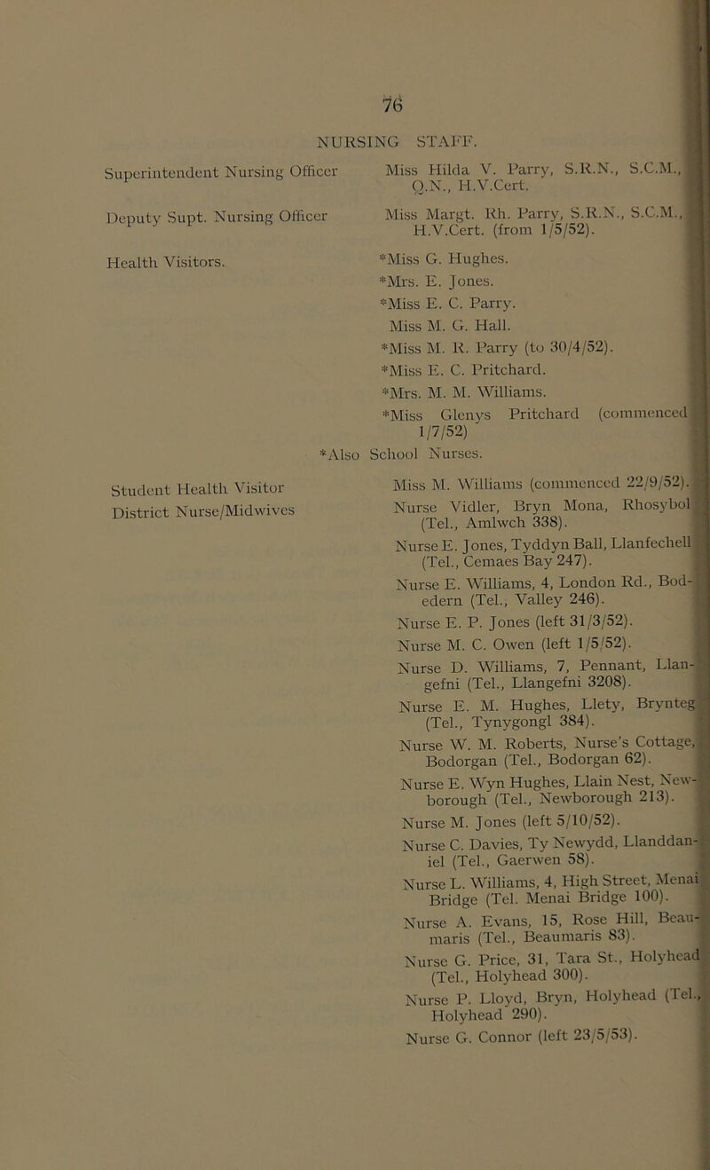 1^ NURSING STAJ-'R. Superintendent Nursing Officer Deputy Supt. Nursing Officer Health Visitors. *Also School Nurses. Miss M. Williams (commenced 22/9/52). Nurse Vidlcr, Bryn Mona, Rhosybol (Tel., Amlwch 338). Nurse E. Jones, Tyddyn Ball, Llanfechell (Tel., Cemaes Bay 247). Nurse E. Williams, 4, London Rd., Bod- edern (Tel., Valley 246). Nurse E. P. Jones (left 31/3/52). Nurse M. C. Owen (left 1/5/52). Nurse D. Williams, 7, Pennant, Llan- gefni (Tel., Llangefni 3208). Nurse E. M. Hughes, Llety, Bryntegj (Tel., Tynygongl 384). Nurse W. M. Roberts, Nurse’s Cottage, Bodorgan (Tel., Bodorgan 62). Nurse E. Wyn Hughes, Llain Nest, New- borough (Tel., Newborough 213). Nurse M. Jones (left 5/10/52). Nurse C. Davies, Ty Newydd, Llanddan-: iel (Tel., Gaerwen 58). Nurse L. Williams, 4. High Street, Menai Bridge (Tel. Menai Bridge 100). Nurse A. Evans, 15, Rose Hill. Beau- maris (Tel., Beaumaris 83). Nurse G. Price, 31, Tara St., Holyhcadj (Tel., Holyhead 300). Nurse P. Lloyd. Bryn, Holyhead (Tel., Holyhead 290). Nurse G. Connor (left 23/5/53). Student Health Visitor District Nurse/Mid wives Miss Hilda V. Parry, S.R.N., S.C.M., ] Q.N., H.V.Cert. I Miss Margt. Rh. Parry, S.R.N., S.C.M.,] H.V.Cert. (from 1/5/52). 1. *Miss G. Hughes. fi *Mrs. E. Jones. * *Miss E. C. Parry. , Miss M. G. Hall. | *Miss M. R. Parry (bj 30/4/52). | *Miss E. C. Pritchard. i *Mrs. M. M. Williams. j *Miss Glenys Pritchard (comnumced 1/7/52)