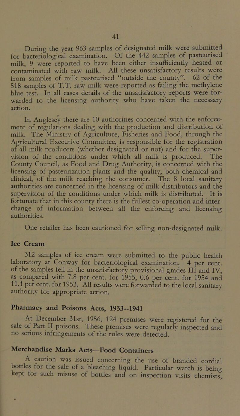 During the year 963 samples of designated milk were submitted for bacteriological examination. Of the 442 samples of pasteurised milk, 9 were reported to have been either insufficiently heated or contaminated with raw milk. All these unsatisfactory results were from samples of milk pasteurised “outside the county”. 62 of the 518 samples of T.T. raw milk were reported as failing the methylene blue test. In all cases details of the unsatisfactory reports were for- warded to the licensing authority who have taken the necessary action. In Anglesey there are 10 authorities concerned with the enforce- ment of regulations dealing with the production and distribution of milk. The Ministry of Agriculture, Fisheries and Food, through the Agricultural Executive Committee, is responsible for the registration of all milk producers (whether designated or not) and for the super- vision of the conditions under which all milk is produced. The County Council, as Food and Drug Authority, is concerned with the licensing of pasteurization plants and the quality, both chemical and clinical, of the milk reaching the consumer. The 8 local sanitary authorities are concerned in the licensing of milk distributors and the supervision of the conditions under which milk is distributed. It is fortunate that in this county there is the fullest co-operation and inter- change of information between all the enforcing and licensing authorities. One retailer has been cautioned for selling non-designated milk. Ice Cream 312 samples of ice cream were submitted to the public health laboratory at Conway for bacteriological examination. 4 per cent, of the samples fell in the unsatisfactory provisional grades III and IV, as compared with 7.8 per cent, for 1955, 0.6 per cent, for 1954 and 11.1 per cent, for 1953. All results were forwarded to the local sanitary authority for appropriate action. Pharmacy and Poisons Acts, 1933—1941 At December 31st, 1956, 124 premises were registered for the sale of Part II poisons. These premises were regularly inspected and no serious infringements of the rules were detected. Merchandise Marks Acts—Food Containers A caution was issued concerning the use of branded cordial bottles for the sale of a bleaching liquid. Particular watch is being kept for such misuse of bottles and on inspection visits chemists,