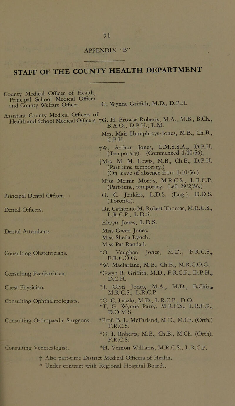 APPENDIX “B” STAFF OF THE COUNTY HEALTH DEPARTMENT County Medical Officer of Health, Principal School Medical Officer and County Welfare Officer. G. Wynne Griffith, M.D., D.P.H. Assistant County Medical Officers of Health and School Medical Officers fG. H. Browse Roberts, M.A., M.B., B.Ch., B. A.O., D.P.H., L.M. Mrs. Mair Humphreys-Jones, M.B., Ch.B., C. P.H. Principal Dental Officer. Dental Officers. Dental Attendants Consulting Obstetricians. Consulting Paediatrician. Chest Physician. Consulting Ophthalmologists. |W. Arthur Jones, L.M.S.S.A., D.P.H. (Temporary). (Commenced 1/10/56). -J-Mrs. M. M. Lewis, M.B., Ch.B., D.P.H. (Part-time temporary.) (On leave of absence from 1/10/56.) Miss Meinir Morris, M.R.C.S., L.R.C.P. (Part-time, temporary. Left 29/2/56.) O. C. Jenkins, L.D.S. (Eng.), D.D.S. (Toronto). Dr. Catherine M. Rolant Thomas, M.R.C.S., L. R.C.P., L.D.S. Elwyn Jones, L.D.S. Miss Gwen Jones. Miss Sheila Lynch. Miss Pat Randall. *0. Vaughan Jones, M.D., F.R.C.S., F.R.C.O.G. *W. Macfarlane, M.B., Ch.B., M.R.C.O.G. *Gwyn R. Griffith, M.D., F.R.C.P., D.P.H., D.C.H. *T. Glyn Jones, M.A., M.D., B.Chir., M. R.C.S., L.R.C.P. *G. C. Laszlo, M.D., L.R.C.P., D.O. *T. G. Wynne Parry, M.R.C.S., L.R.C.P., D.O.M.S. Consulting Orthopaedic Surgeons. *Prof. B. L. McFarland, M.D., M.Ch. (Orth.) F.R.C.S. *G. I. Roberts, M.B., Ch.B., M.Ch. (Orth). F.R.C.S. Consulting Venereologist. *FI. Vernon Williams, M.R.C.S., L.R.C.P. f Also part-time District Medical Officers of Health. * Under contract with Regional Hospital Boards.