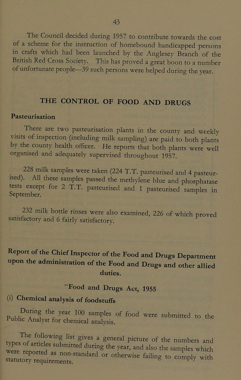 The Council decided during 1957 to contribute towards the cost of a scheme for the instruction of homebound handicapped persons in crafts which had been launched by the Anglesey Branch of the British Red Cross Society. This has proved a great boon to a number of unfortunate people 39 such persons were helped during the year. THE CONTROL OF FOOD AND DRUGS Pasteurisation There are two pasteurisation plants in the county and weekly visits of inspection (including milk sampling) are paid to both plants by the county health officer. He reports that both plants were well organised and adequately supervised throughout 1957. 228 milk samples were taken (224 T.T. pasteurised and 4 pasteur- ised). All these samples passed the methylene blue and phosphatase tests except for 2 T.T. pasteurised and 1 pasteurised samples in 232 milk bottle rinses were also examined, 226 of which proved satisfactory and 6 fairly satisfactory. Report of the Chief Inspector of the Food and Drugs Department upon the administration of the Food and Drugs and other allied duties. “Food and Drugs Act, 1955 (i) Chemical analysis of foodstuffs During the year 100 samples of food were submitted to the Public Analyst for chemical analysis. types^aScl0^^ ^ pktUre °f the numbers and >p of articles submitted during the year, and also the samples which star rep°rte . aS non'standard or otherwise failing to comply with statutory requirements. F y