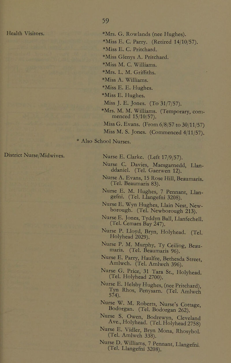 Health Visitors. *Mrs. G. Rowlands (nee Hughes). *Miss E. C. Parry. (Retired 14/10/57). *Miss E. C. Pritchard. *Miss Glenys A. Pritchard. *Miss M. C. Williams. *Mrs. L. M. Griffiths. *Miss A. Williams. *Miss E. E. Hughes. *Miss E. Hughes. Miss J. E. Jones. (To 31/7/57). *Mrs. M. M. Williams. (Temporary, com- menced 15/10/57). Miss G. Evans. (From 6/8/57 to 30/11/57) Miss M. S. Jones. (Commenced 4/11/57). * Also School Nurses. District Nurse/Midwives. Nurse E. Clarke. (Left 17/9/57). Nurse C. Davies, Maesgarnedd, Llan- ddaniel. (Tel. Gaerwen 12). Nurse A. Evans, 15 Rose Hill, Beaumaris. (Tel. Beaumaris 83). Nurse E. M. Hughes, 7 Pennant, Llan- gefni. (Tel. Llangefni 3208). Nurse E. Wyn Hughes, Llain Nest, New- borough. (Tel. Newborough 213). Nurse E. Jones, Tyddyn Ball, Llanfechell. (Tel. Cemaes Bay 247). Nurse P. Lloyd, Bryn, Holyhead. (Tel Holyhead 2029). Nurse P. M. Murphy, Ty Ceiliog, Beau- maris. (Tel. Beaumaris 96). Nurse E. Parry, Haulfre, Bethesda Street, Amlwch. (Tel. Amlwch 396). Nurse G. Price, 31 Tara St., Holyhead. (Tel. Holyhead 2700). Nurse E. Helsby Hughes, (nee Pritchard), Tyn Rhos, Penysarn. (Tel. Amlwch 574). Nurse W. M. Roberts, Nurse’s Cottage, Bodorgan. (Tel. Bodorgan 262). Nurse S. Owen, Bodrewyn, Cleveland Ave., Holyhead. (Tel. Holyhead 2758) Nur®5 Vidler, Bryn Mona, Rhosybol. (Tel. Amlwch 338). NUrr ?-tYiUiTS> 7 Pennant> Llangefni. (Tel. Llangefni 3208).