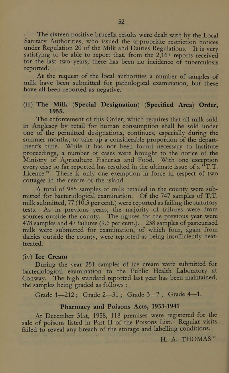 The sixteen positive brucella results were dealt with by the Local Sanitary Authorities, who issued the appropriate restriction notices under Regulation 20 of the Milk and Dairies Regulations. It is very satisfying to be able to report that, from the 2,167 reports received for the last two years, there has been no incidence of tuberculosis reported. At the request of the local authorities a number of samples of milk have been submitted for pathological examination, but these have all been reported as negative. (iii) The Milk (Special Designation) (Specified Area) Order, 1955. The enforcement of this Order, which requires that all milk sold in Anglesey by retail for human consumption shall be sold under one of the permitted designations, continues, especially during the summer months, to take up a considerable proportion of the depart- ment’s time. While it has not been found necessary to institute proceedings, a number of cases were brought to the notice of the Ministry of Agriculture Fisheries and Food. With one exception every case so far reported has resulted in the ultimate issue of a “T.T. Licence.” There is only one exemption in force in respect of two cottages in the centre of the island. A total of 985 samples of milk retailed in the county were sub- mitted for bacteriological examination. Of the 747 samples of T.T. milk submitted, 77 (10.3 per cent.) were reported as failing the statutory tests. As in previous years, the majority of failures were from sources outside the county. The figures for the previous year were 478 samples and 47 failures (9.6 per cent.). 238 samples of pasteurised milk were submitted for examination, of which four, again from dairies outside the county, were reported as being insufficiently heat- treated. (iv) Ice Cream During the year 251 samples of ice cream were submitted for bacteriological examination to the Public Health Laboratory at Conway. The high standard reported last year has been maintained, the samples being graded as follows : Grade 1—212 ; Grade 2—31 ; Grade 3—7 ; Grade A—1. Pharmacy and Poisons Acts, 1933-1941 At December 31st, 1958, 118 premises were registered for the sale of poisons listed in Part II of the Poisons List. Regular visits failed to reveal any breach of the storage and labelling conditions. H. A. THOMAS”