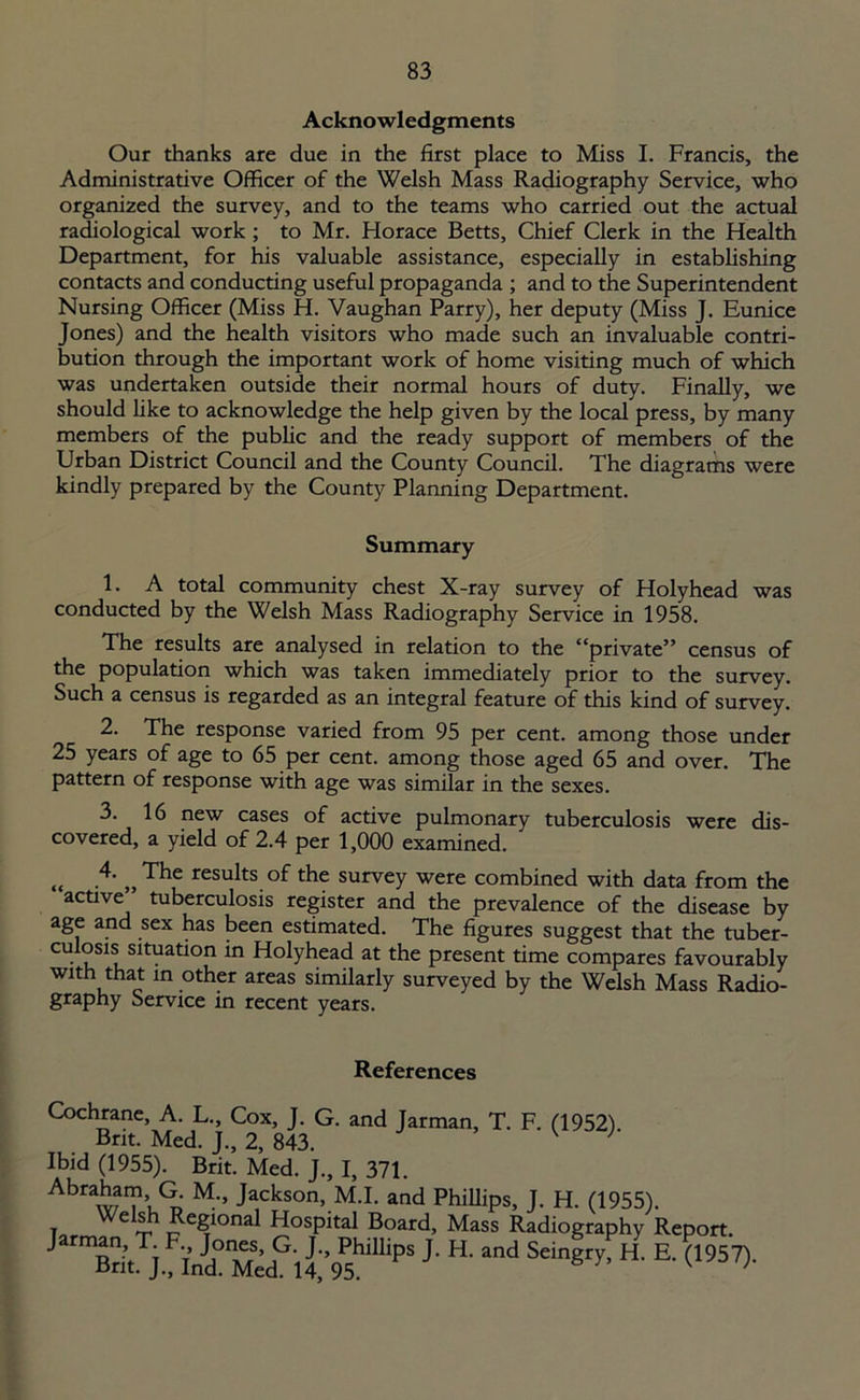 Acknowledgments Our thanks are due in the first place to Miss I. Francis, the Administrative Officer of the Welsh Mass Radiography Service, who organized the survey, and to the teams who carried out the actual radiological work ; to Mr. Horace Betts, Chief Clerk in the Health Department, for his valuable assistance, especially in establishing contacts and conducting useful propaganda ; and to the Superintendent Nursing Officer (Miss H. Vaughan Parry), her deputy (Miss J. Eunice Jones) and the health visitors who made such an invaluable contri- bution through the important work of home visiting much of which was undertaken outside their normal hours of duty. Finally, we should like to acknowledge the help given by the local press, by many members of the public and the ready support of members of the Urban District Council and the County Council. The diagrams were kindly prepared by the County Planning Department. Summary 1. A total community chest X-ray survey of Holyhead was conducted by the Welsh Mass Radiography Service in 1958. The results are analysed in relation to the “private” census of the population which was taken immediately prior to the survey. Such a census is regarded as an integral feature of this kind of survey. 2. The response varied from 95 per cent, among those under 25 years of age to 65 per cent, among those aged 65 and over. The pattern of response with age was similar in the sexes. 3. 16 new cases of active pulmonary tuberculosis were dis- covered, a yield of 2.4 per 1,000 examined. „ 4' „The resuIts.of the survey were combined with data from the active tuberculosis register and the prevalence of the disease by age and sex has been estimated. The figures suggest that the tuber- culosis situation in Holyhead at the present time compares favourably with that in other areas similarly surveyed by the Welsh Mass Radio- graphy Service in recent years. References Cochrane, A. L., Cox, J. G. and Jarman, T. F. (1952). Brit. Med. J., 2, 843. ’ Ibid (1955). Brit. Med. J., I, 371. Abraham G. M., Jackson, M.I. and Phillips, J. H. (1955). To Wel'h Regional Hospital Board, Mass Radiography Report. J Tit j.'fM°MedGii’95hfflipS J- H' and Seingty' H- E-(1957)'