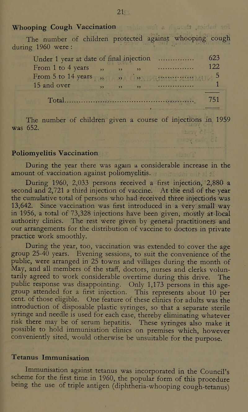 Whooping Cough Vaccination The number of children protected against whooping cough during 1960 were : Under 1 year at date of final injection 623 From 1 to 4 years „ „ „ 122 From 5 to 14 years „ „ ' 5 15 and over „ ,, „ 1 Total • 751 The number of children given a course of injections in 1959 was 652. Poliomyelitis Vaccination During the year there was again a considerable increase in the amount of vaccination against poliomyelitis. During 1960, 2,033 persons received a first injection, 2,880 a second and 2,721 a third injection of vaccine. At the end of the year the cumulative total of persons who had received three injections was 13,642. Since vaccination was first introduced in a very small way in 1956, a total of 73,328 injections have been given, mostly at local authority clinics. The rest were given by general practitioners and our arrangements for the distribution of vaccine to doctors in private practice work smoothly. During the year, too, vaccination was extended to cover the age group 25-40 years. Evening sessions, to suit the convenience of the public, were arranged in 25 towns and villages during the month of May, and all members of the staff, doctors, nurses and clerks volun- tarily agreed to work considerable overtime during this drive. The public response was disappointing. Only 1,173 persons in this age- group attended for a first injection. This represents about 10 per cent, of those eligible. One feature of these clinics for adults was the introduction of disposable plastic syringes, so that a separate sterile syringe and needle is used for each case, thereby eliminating whatever risk there may be of serum hepatitis. These syringes also make it possible to hold immunisation clinics on premises which, however conveniently sited, would otherwise be unsuitable for the purpose. Tetanus Immunisation Immunisation against tetanus was incorporated in the Council’s scheme for the first time in 1960, the popular form of this procedure being the use of triple antigen (diphtheria-whooping cough-tetanus)