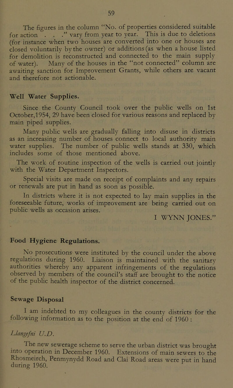 The figures in the column “No. of properties considered suitable for action . . vary from year to year. This is due to deletions (for instance when two houses are converted into one or houses are closed voluntarily by the owner) or additions (as when a house listed for demolition is reconstructed and connected to the main supply of water). Many of the houses in the “not connected” column are awaiting sanction for Improvement Grants, while others are vacant and therefore not actionable. Well Water Supplies. Since the County Council took over the public wells on 1st October, 1954, 29 have been closed for various reasons and replaced by main piped supplies. Many public wells are gradually falling into disuse in districts as an increasing number of houses connect to local authority main water supplies. The number of public wells stands at 330, which includes some of those mentioned above. The work of routine inspection of the wells is carried out jointly with the Water Department Inspectors. Special visits are made on receipt of complaints and any repairs or renewals are put in hand as soon as possible. In districts where it is not expected to lay main supplies in the foreseeable future, works of improvement are being carried out on public wells as occasion arises. I WYNN JONES.” Food Hygiene Regulations. No prosecutions were instituted by the council under the above regulations during 1960. Liaison is maintained with the sanitary authorities whereby any apparent infringements of the regulations observed by members of the council’s staff are brought to the notice of the public health inspector of the district concerned. Sewage Disposal 1 am indebted to my colleagues in the county districts for the following information as to the position at the end of 1960 : Llangefni U.D. 1 he new sewerage scheme to serve the urban district was brought into operation in December 1960. Extensions of main sewers to the Rhosmeirch, Penmynydd Road and Clai Road areas were put in hand during 1960.