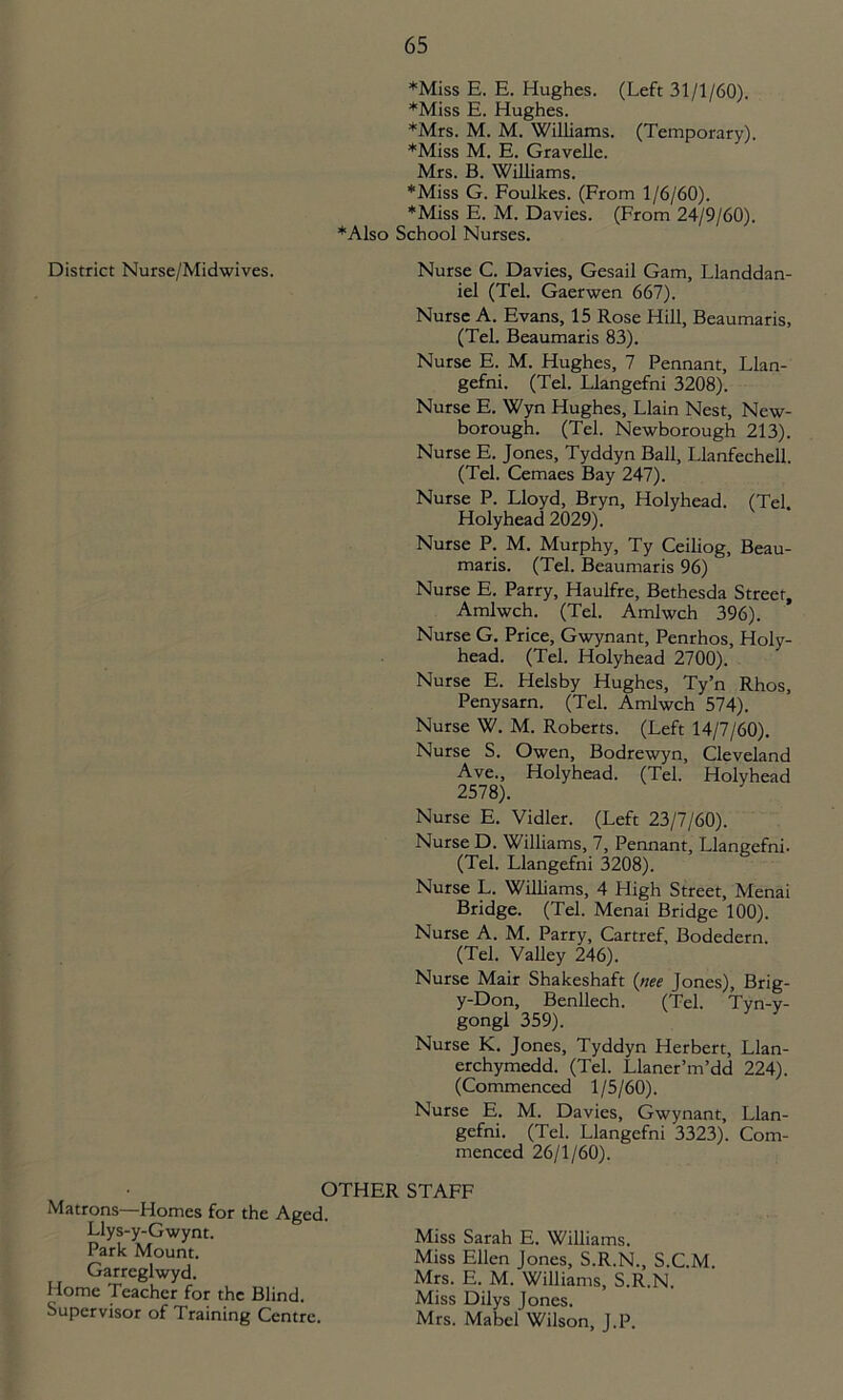 *Miss E. E. Hughes. (Left 31/1/60). *Miss E. Hughes. *Mrs. M. M. Williams. (Temporary). *Miss M. E. Gravelle. Mrs. B. Williams. *Miss G. Foulkes. (From 1/6/60). *Miss E. M. Davies. (From 24/9/60). *Also School Nurses. District Nurse/Midwives. Nurse C. Davies, Gesail Gam, Llanddan- iel (Tel. Gaerwen 667). Nurse A. Evans, 15 Rose Hill, Beaumaris, (Tel. Beaumaris 83). Nurse E. M. Hughes, 7 Pennant, Llan- gefni. (Tel. Llangefni 3208). Nurse E. Wyn Hughes, Llain Nest, New- borough. (Tel. Newborough 213). Nurse E. Jones, Tyddyn Ball, Llanfechell. (Tel. Cemaes Bay 247). Nurse P. Lloyd, Bryn, Holyhead. (Tel. Holyhead 2029). Nurse P. M. Murphy, Ty Ceiliog, Beau- maris. (Tel. Beaumaris 96) Nurse E. Parry, Haulfre, Bethesda Street, Amlwch. (Tel. Amlwch 396). Nurse G. Price, Gwynant, Penrhos, Holy- head. (Tel. Holyhead 2700). Nurse E. Helsby Hughes, Ty’n Rhos, Penysarn. (Tel. Amlwch 574). Nurse W. M. Roberts. (Left 14/7/60). Nurse S. Owen, Bodrewyn, Cleveland Ave., Holyhead. (Tel. Holyhead 2578). Nurse E. Vidler. (Left 23/7/60). Nurse D. Williams, 7, Pennant, Llangefni. (Tel. Llangefni 3208). Nurse L. Williams, 4 High Street, Menai Bridge. (Tel. Menai Bridge 100). Nurse A. M. Parry, Cartref, Bodedern. (Tel. Valley 246). Nurse Mair Shakeshaft (nee Jones), Brig- y-Don, Benllech. (Tel. Tyn-y- gongi 359). Nurse K. Jones, Tyddyn Herbert, Llan- erchymedd. (Tel. Llaner’m’dd 224). (Commenced 1/5/60). Nurse E. M. Davies, Gwynant, Llan- gefni. (Tel. Llangefni 3323). Com- menced 26/1/60). STAFF Miss Sarah E. Williams. Miss Ellen Jones, S.R.N., S.C.M. Mrs. E. M. Williams, S.R.N. Miss Dilys Jones. Mrs. Mabel Wilson, J.P. OTHER Matrons—Homes for the Aged. Llys-y-Gwynt. Park Mount. Garreglwyd. Home Teacher for the Blind. Supervisor of Training Centre.