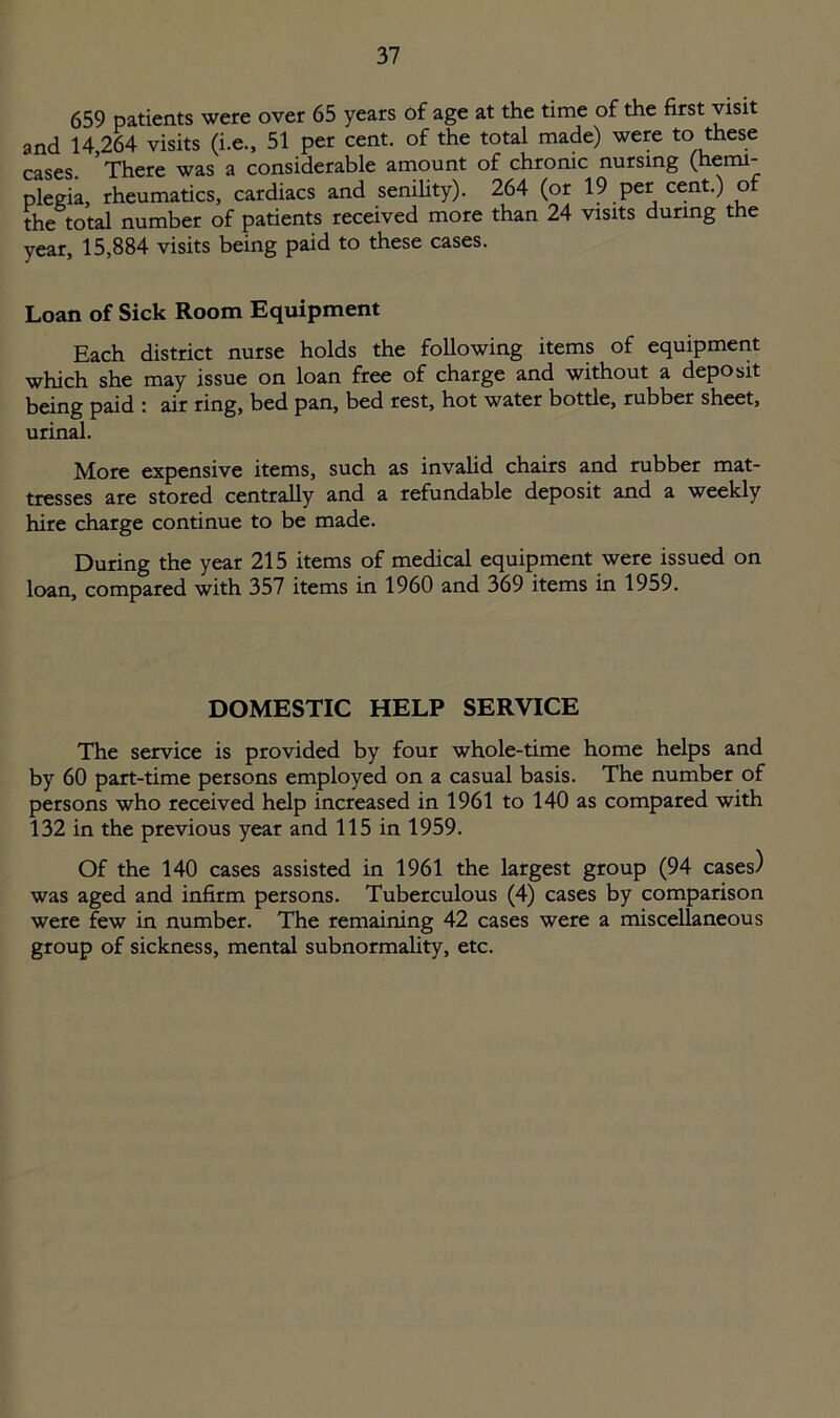 659 patients were over 65 years of age at the time of the first visit and 14 264 visits (i.e., 51 per cent, of the total made) were to these cases. There was a considerable amount of chronic nursing (hemi- plegia, rheumatics, cardiacs and senility). 264 (or 19 per cent.) of the total number of patients received more than 24 visits during the year, 15,884 visits being paid to these cases. Loan of Sick Room Equipment Each district nurse holds the following items of equipment which she may issue on loan free of charge and without a deposit being paid : air ring, bed pan, bed rest, hot water bottle, rubber sheet, urinal. More expensive items, such as invalid chairs and rubber mat- tresses are stored centrally and a refundable deposit and a weekly hire charge continue to be made. During the year 215 items of medical equipment were issued on loan, compared with 357 items in 1960 and 369 items in 1959. DOMESTIC HELP SERVICE The service is provided by four whole-time home helps and by 60 part-time persons employed on a casual basis. The number of persons who received help increased in 1961 to 140 as compared with 132 in the previous year and 115 in 1959. Of the 140 cases assisted in 1961 the largest group (94 cases) was aged and infirm persons. Tuberculous (4) cases by comparison were few in number. The remaining 42 cases were a miscellaneous group of sickness, mental subnormality, etc.