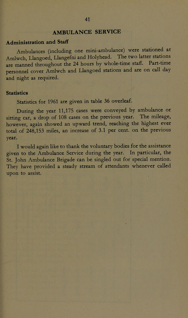 AMBULANCE SERVICE Administration and Staff Ambulances (including one mini-ambulance) were stationed at Amlwch, Llangoed, Llangefni and Holyhead. The two latter stations are manned throughout the 24 hours by whole-time staff. Part-time personnel cover Amlwch and Llangoed stations and are on call day and night as required. Statistics Statistics for 1961 are given in table 36 overleaf. During the year 11,175 cases were conveyed by ambulance or sitting car, a drop of 108 cases on the previous year. The mileage, however, again showed an upward trend, reaching the highest ever total of 248,153 miles, an increase of 3.1 per cent, on the previous year. I would again like to thank the voluntary bodies for the assistance given to the Ambulance Service during the year. In particular, the St. John Ambulance Brigade can be singled out for special mention. They have provided a steady stream of attendants whenever called upon to assist.