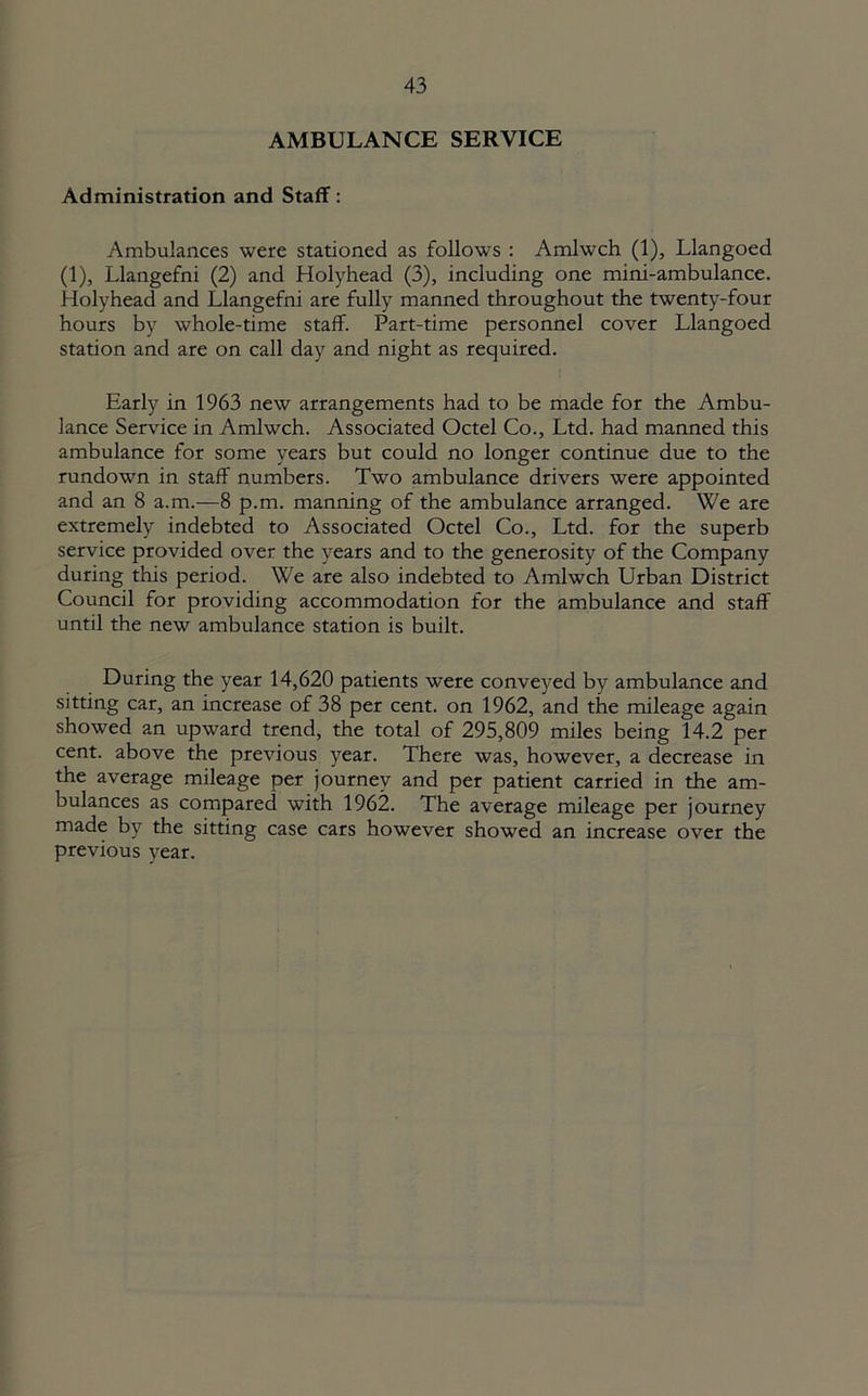 AMBULANCE SERVICE Administration and Staff: Ambulances were stationed as follows : Amlwch (1), Llangoed (1), Llangefni (2) and Holyhead (3), including one mini-ambulance. Holyhead and Llangefni are fully manned throughout the twenty-four hours by whole-time staff. Part-time personnel cover Llangoed station and are on call day and night as required. Early in 1963 new arrangements had to be made for the Ambu- lance Service in Amlwch. Associated Octel Co., Ltd. had manned this ambulance for some years but could no longer continue due to the rundown in staff numbers. Two ambulance drivers were appointed and an 8 a.m.—8 p.m. manning of the ambulance arranged. We are extremely indebted to Associated Octel Co., Ltd. for the superb service provided over the years and to the generosity of the Company during this period. We are also indebted to Amlwch Urban District Council for providing accommodation for the ambulance and staff until the new ambulance station is built. During the year 14,620 patients were conveyed by ambulance and sitting car, an increase of 38 per cent, on 1962, and the mileage again showed an upward trend, the total of 295,809 miles being 14.2 per cent, above the previous year. There was, however, a decrease in the average mileage per journey and per patient carried in the am- bulances as compared with 1962. The average mileage per journey made by the sitting case cars however showed an increase over the previous year.