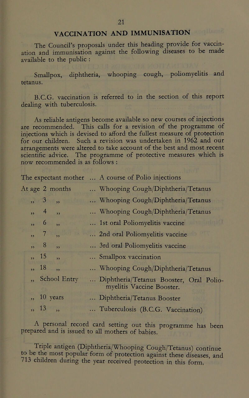 VACCINATION AND IMMUNISATION The Council’s proposals under this heading provide for vaccin- ation and immunisation against the following diseases to be made available to the public : Smallpox, diphtheria, whooping cough, poliomyelitis and tetanus. B.C.G. vaccination is referred to in the section of this report dealing with tuberculosis. As reliable antigens become available so new courses of injections are recommended. This calls for a revision of the programme of injections which is devised to afford the fullest measure of protection for our cliildren. Such a revision was undertaken in 1962 and our arrangements were altered to take account of the best and most recent scientific advice. The programme of protective measures which is now recommended is as follows : The expectant mother ... A course of Polio injections At age 2 months ... Whooping Cough/Diphtheria/Tetanus » 3 >> ... Whooping Cough/Diphtheria/Tetanus » 4 ... Whooping Cough/Diphtheria/Tetanus » 6 33 ... 1st oral Poliomyelitis vaccine » 7 33 ... 2nd oral Poliomyelitis vaccine » 8 33 ... 3rd oral Poliomyelitis vaccine » 15 >3 ... Smallpox vaccination » 18 33 ... Whooping Cough/Diphtheria/Tetanus „ School Entry ... Diphtheria/Tetanus Booster, Oral Polio- myelitis Vaccine Booster. » 10 years ... Diphtheria/Tetanus Booster „ 13 55 ... Tuberculosis (B.C.G. Vaccination) A personal record card setting out this programme has been prepared and is issued to all mothers of babies. antigen (Diphtheria/Whooping Cough/Tetanus) continue to be the most popular form of protection against these diseases, and 713 children during the year received protection in this form.