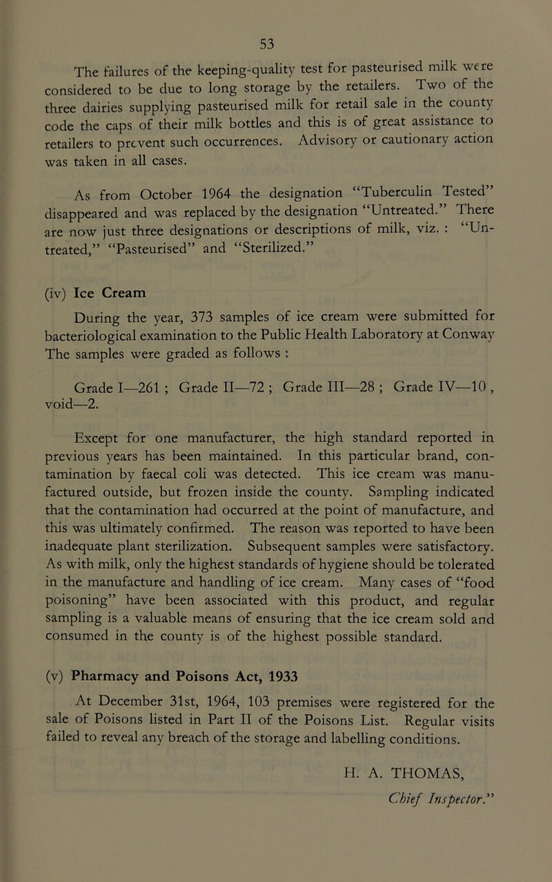 The failures of the keeping-quality test for pasteurised milk were considered to be due to long storage by the retailers. Two of the three dairies supplying pasteurised milk for retail sale in the county code the caps of their milk bottles and this is of great assistance to retailers to prevent such occurrences. Advisory or cautionary action was taken in all cases. As from October 1964 the designation “Tuberculin Tested” disappeared and was replaced by the designation “Untreated. There are now just three designations or descriptions of milk, viz. : “Un- treated,” “Pasteurised” and “Sterilized.” (iv) Ice Cream During the year, 373 samples of ice cream were submitted for bacteriological examination to the Public Health Laboratory at Conway The samples were graded as follows : Grade I—261 ; Grade II—72 ; Grade III—28 ; Grade IV—10 , void—2. Except for one manufacturer, the high standard reported in previous years has been maintained. In this particular brand, con- tamination by faecal coli was detected. This ice cream was manu- factured outside, but frozen inside the county. Sampling indicated that the contamination had occurred at the point of manufacture, and this was ultimately confirmed. The reason was reported to have been inadequate plant sterilization. Subsequent samples were satisfactory. As with milk, only the highest standards of hygiene should be tolerated in the manufacture and handling of ice cream. Many cases of “food poisoning” have been associated with this product, and regular sampling is a valuable means of ensuring that the ice cream sold and consumed in the county is of the highest possible standard. (v) Pharmacy and Poisons Act, 1933 At December 31st, 1964, 103 premises were registered for the sale of Poisons listed in Part II of the Poisons List. Regular visits failed to reveal any breach of the storage and labelling conditions. H. A. THOMAS, Chief Inspector C