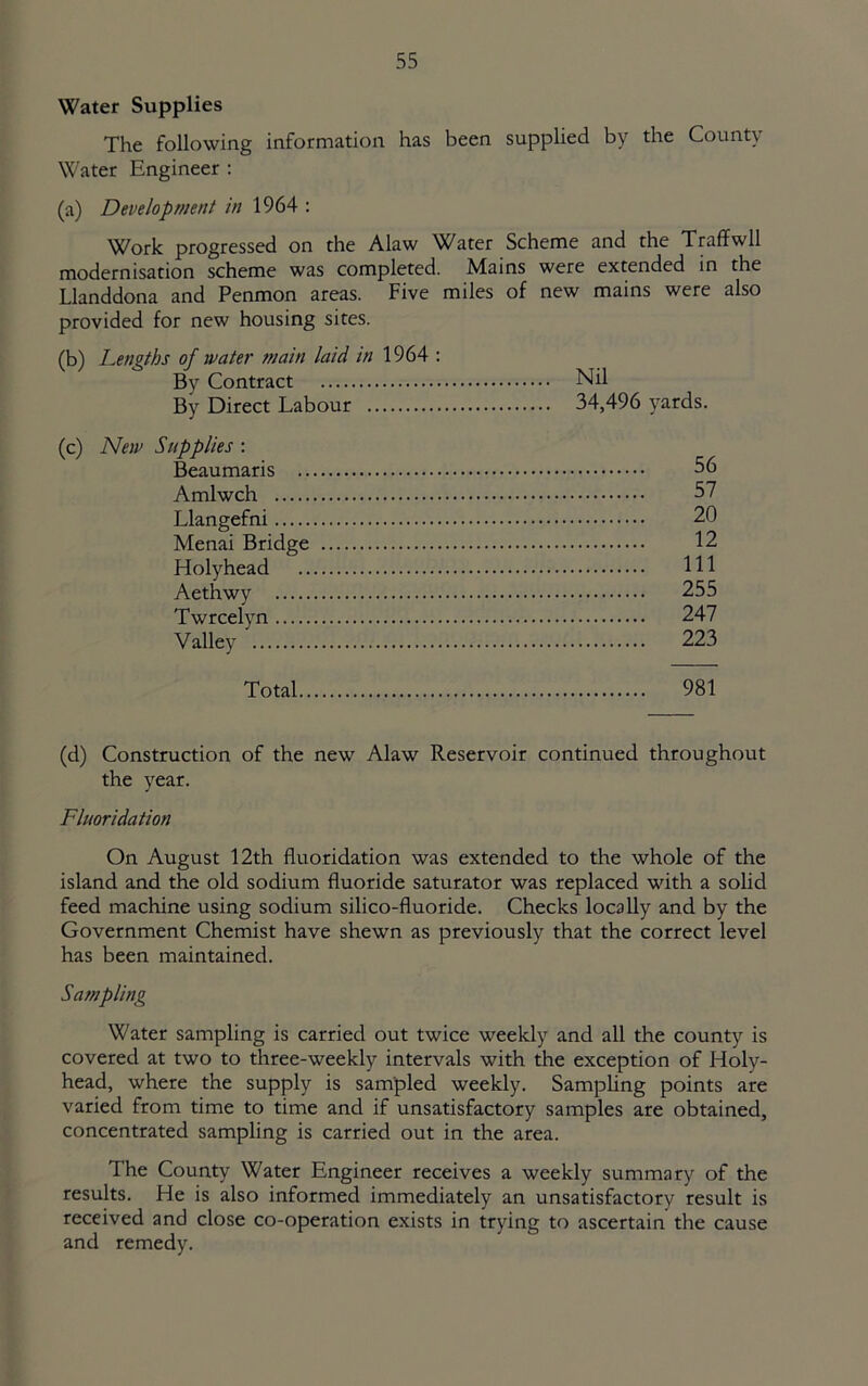 Water Supplies The following information has been supplied by the County Water Engineer : (a) Development in 1964 : Work progressed on the Alaw Water Scheme and the Traffwll modernisation scheme was completed. Mains were extended in the Llanddona and Penmon areas. Five miles of new mains were also provided for new housing sites. (b) Lengths of water main laid /'/; 1964 ; By Contract Nil By Direct Labour 34,496 yards. (c) New Supplies ; Beaumaris .. Amlwch Llangefni Menai Bridge Holyhead Aethwy Twrcelyn Valley Total 981 (d) Construction of the new Alaw Reservoir continued throughout the year. Fluoridation On August 12th fluoridation was extended to the whole of the island and the old sodium fluoride saturator was replaced with a solid feed machine using sodium silico-fluoride. Checks locally and by the Government Chemist have shewn as previously that the correct level has been maintained. Sampling Water sampling is carried out twice weekly and all the county is covered at two to three-weekly intervals with the exception of Holy- head, where the supply is sampled weekly. Sampling points are varied from time to time and if unsatisfactory samples are obtained, concentrated sampling is carried out in the area. The County Water Engineer receives a weekly summary of the results. He is also informed immediately an unsatisfactory result is received and close co-operation exists in trying to ascertain the cause and remedy. 56 57 20 12 111 255 247 223