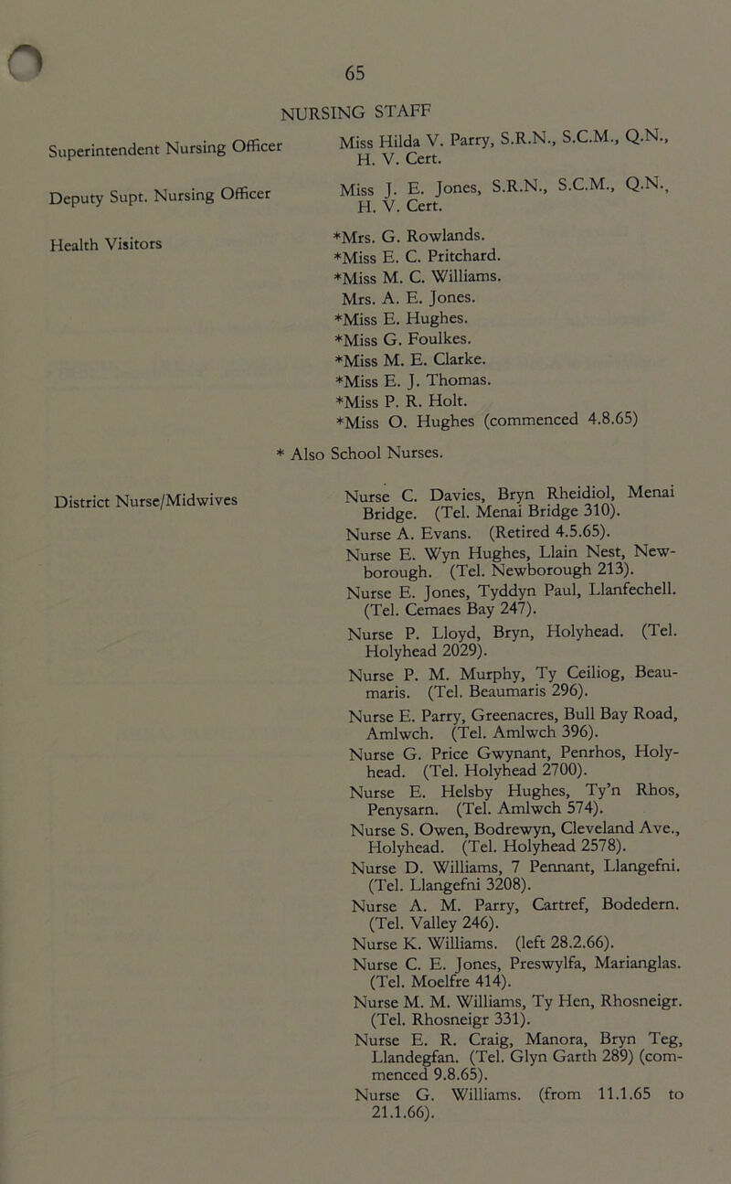 65 NURSING STAFF Superintendent Nursing Officer Miss Hilda V. Parry, S.R.N., Deputy Supt. Nursing Officer Mks J. Jones, S.R.N., S.C.M., S.C.M., Q.N., Q.N., Health Visitors ♦Mrs. G. Rowlands. ♦Miss E. C. Pritchard. ♦Miss M. C. Williams. Mrs. A. E. Jones. ♦Miss E. Hughes. ♦Miss G. Foulkes. ♦Miss M. E. Clarke. ♦Miss E. J. Thomas. ♦Miss P. R. Holt. ♦Miss O. Hughes (commenced 4.8.65) ♦ Also School Nurses. District Nurse/Midwives Nurse C. Davies, Bryn Rheidiol, Menai Bridge. (Tel. Menai Bridge 310). Nurse A. Evans. (Retired 4.5.65). Nurse E. Wyn Hughes, Llain Nest, New- borough. (Tel. Newborough 213). Nurse E. Jones, Tyddyn Paul, Llanfechell. (Tel. Cemaes Bay 247). Nurse P. Lloyd, Bryn, Holyhead. (Tel. Holyhead 2029). Nurse P. M. Murphy, Ty Ceiliog, Beau- maris. (Tel. Beaumaris 296). Nurse E. Parry, Greenacres, Bull Bay Road, Amlwch. (Tel. Amlwch 396). Nurse G. Price Gwynant, Penrhos, Holy- head. (Tel. Holyhead 2700). Nurse E. Helsby Hughes, Ty’n Rhos, Penysarn. (Tel. Amlwch 574). Nurse S. Owen, Bodrewyn, Cleveland Ave., Holyhead. (Tel. Holyhead 2578). Nurse D. Williams, 7 Pennant, Llangefni. (Tel. Llangefni 3208). Nurse A. M. Parry, Cartref, Bodedern. (Tel. Valley 246). Nurse K. Williams, (left 28.2.66). Nurse C. E. Jones, Preswylfa, Marianglas. (Tel. Moelfre 414). Nurse M. M. Williams, Ty Hen, Rhosneigr. (Tel. Rhosneigr 331). Nurse E. R. Craig, Manora, Bryn Teg, Llandegfan. (Tel. Glyn Garth 289) (com- menced 9.8.65). Nurse G. Williams, (from 11.1.65 to 21.1.66).