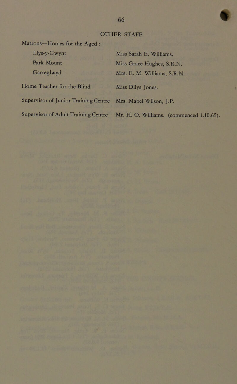 OTHER STAFF Matrons—Homes for the Aged : Llys-y-Gwynt Park Mount Garreglwyd Miss Sarah E. Williams. Miss Grace Hughes, S.R.N. Mrs. E. M. Williams, S.R.N. Home Teacher for the Blind Miss Dilys Jones. Supervisor of Junior Training Centre Mrs. Mabel Wilson, J.P. Supervisor of Adult Training Centre Mr. FI. O. Williams, (commenced 1.10.65).