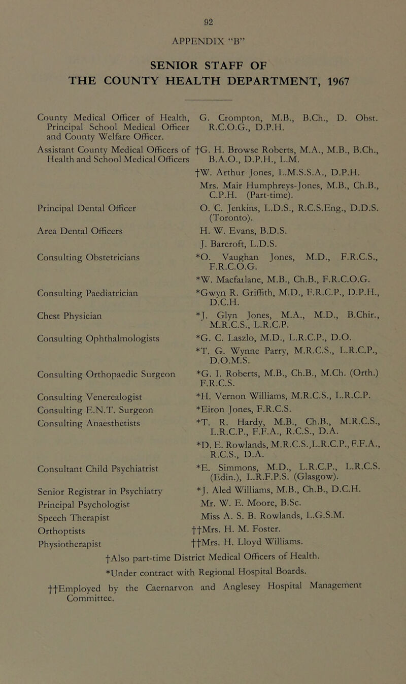 APPENDIX “B” SENIOR STAFF OF THE COUNTY HEALTH DEPARTMENT, 1967 County Medical Officer of Health, G. Crompton, M.B., B.Ch., D. Obst. Principal School Medical Officer R.C.O.G., D.P.H. and County Welfare Officer. Assistant County Medical Officers of fG. H. Browse Roberts, M.A., M.B., B.Ch., Health and School Medical Officers B.A.O., D.P.H., L.M. fW. Arthur Jones, L.M.S.S.A., D.P.H. Mrs. Mair Humphreys-Jones, M.B., Ch.B., C.P.H. (Part-time). Principal Dental Officer O. C. Jenkins, L.D.S., R.C.S.Eng., D.D.S. (Toronto). Area Dental Officers H. W. Evans, B.D.S. J. Barcroft, L.D.S. Consulting Obstetricians *0. Vaughan Jones, M.D., F.R.C.S., F.R.C.O.G. *W. Macfatlane, M.B., Ch.B., F.R.C.O.G. Consulting Paediatrician *Gwyn R. Griffith, M.D., F.R.C.P., D.P.H., D.C.H. Chest Physician Consulting Ophthalmologists Consulting Orthopaedic Surgeon *J. Glyn Jones, M.A., M.D., B.Chir., M.R.C.S., L.R.C.P. *G. C. Laszlo, M.D., L.R.C.P., D.O. *T. G. Wynne Parry, M.R.C.S., L.R.C.P., D.O.M.S. *G. I. Roberts, M.B., Ch.B., M.Ch. (Orth.) F.R.C.S. Consulting Venerealogist *H. Vernon Williams, M.R.C.S., L.R.C.P. Consulting E.N.T. Surgeon *Eiron Jones, F.R.C.S. Consulting Anaesthetists *T. R. Hardy, M.B., Ch.B., M.R.C.S., L.R.C.P., F.F.A., R.C.S., D.A. *D. E. Rowlands, M.R.C.S.,L.R.C.P., F.F.A., R.C.S., D.A. Consultant Child Psychiatrist Senior Registrar in Psychiatry Principal Psychologist Speech Therapist Orthoptists Physiotherapist *E. Simmons, M.D., L.R.C.P., L.R.C.S. (Edin.), L.R.F.P.S. (Glasgow). *J. Aled Williams, M.B., Ch.B., D.C.H. Mr. W. E. Moore, B.Sc. Miss A. S. B. Rowlands, L.G.S.M. ffMrs. H. M. Foster, ff Mrs. H. Lloyd Williams. f Also part-time District Medical Officers of Health. *Undcr contract with Regional Hospital Boards. Employed by the Caernarvon and Anglesey Hospital Management Committee.