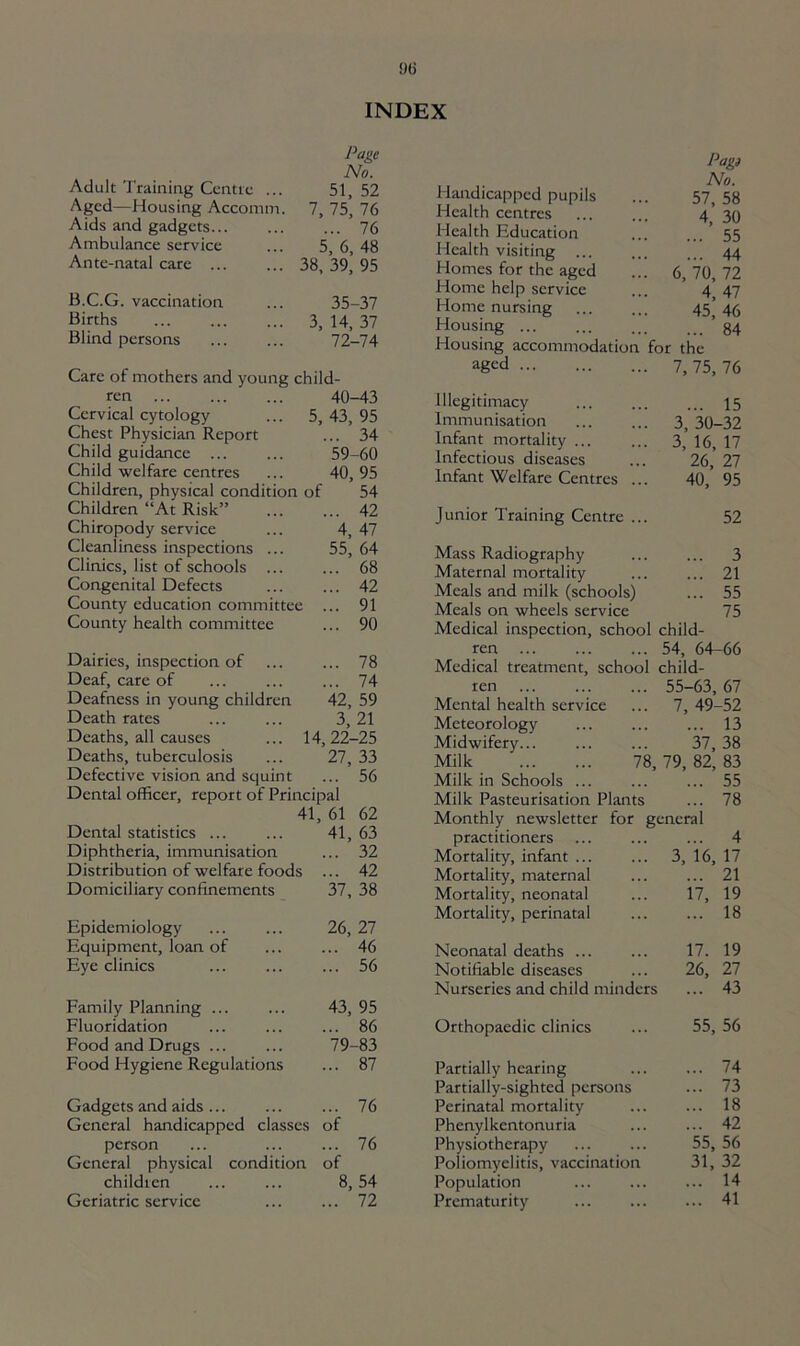INDEX Page No. Adult Training Centre ... 51,52 Aged—Housing Accomm, 7, 75, 76 Aids and gadgets 76 Ambulance service ... 5, 6, 48 Ante-natal care 38, 39, 95 B.C.G. vaccination ... 35-37 Births 3, 14, 37 Blind persons 72-74 Care of mothers and young child- ren 40-43 Cervical cytology ... 5, 43, 95 Chest Physician Report ... 34 Child guidance 59-60 Child welfare centres ... 40, 95 Children, physical condition of 54 Children “At Risk” 42 Chiropody service ... 4, 47 Cleanliness inspections ... 55, 64 Clinics, list of schools ... ... 68 Congenital Defects ... ... 42 County education committee ... 91 County health committee ... 90 Dairies, inspection of ... ... 78 Deaf, care of ... ... ... 74 Deafness in young children 42, 59 Death rates 3, 21 Deaths, all causes ... 14,22-25 Deaths, tuberculosis ... 27, 33 Defective vision and squint ... 56 Dental officer, report of Principal 41, 61 62 Dental statistics ... ... 41, 63 Diphtheria, immunisation ... 32 Distribution of welfare foods ... 42 Domiciliary confinements 37, 38 Epidemiology 26, 27 Equipment, loan of ... ... 46 Eye clinics ... ... ... 56 Family Planning ... ... 43, 95 Fluoridation ... ... ... 86 Food and Drugs 79-83 Food Hygiene Regulations ... 87 Gadgets and aids ... ... ... 76 General handicapped classes of person ... 76 General physical condition of childien ... ... 8,54 Geriatric service ... ... 72 Handicapped pupils Health centres Health Education Health visiting ... Homes for the aged Home help service Home nursing Housing Housing accommodation for the Pag) No. 57, 58 4, 30 ... 55 ... 44 , 70, 72 4, 47 45, 46 84 aged 7, 75, 76 Illegitimacy Immunisation Infant mortality ... Infectious diseases Infant Welfare Centres ... 15 3, 30-32 3, 16, 17 26, 27 40, 95 Junior Training Centre ... 52 Mass Radiography ... ... 3 Maternal mortality ... ... 21 Meals and milk (schools) ... 55 Meals on wheels service 75 Medical inspection, school child- ren 54, 64-66 Medical treatment, school child- ren 55-63, 67 Mental health service ... 7, 49-52 Meteorology ... ... ... 13 Midwifery 37, 38 Milk 78, 79, 82, 83 Milk in Schools ... ... ... 55 Milk Pasteurisation Plants ... 78 Monthly newsletter for general practitioners ... ... ... 4 Mortality, infant ... ... 3, 16, 17 Mortality, maternal ... ... 21 Mortality, neonatal ... 17, 19 Mortality, perinatal ... ... 18 Neonatal deaths ... ... 17. 19 Notifiable diseases ... 26, 27 Nurseries and child minders ... 43 Orthopaedic clinics 55, 56 Partially hearing ... 74 Partially-sighted persons ... 73 Perinatal mortality ... 18 Phenylkentonuria ... 42 Physiotherapy 55, 56 Poliomyelitis, vaccination 31, 32 Population ... 14 Prematurity ... 41
