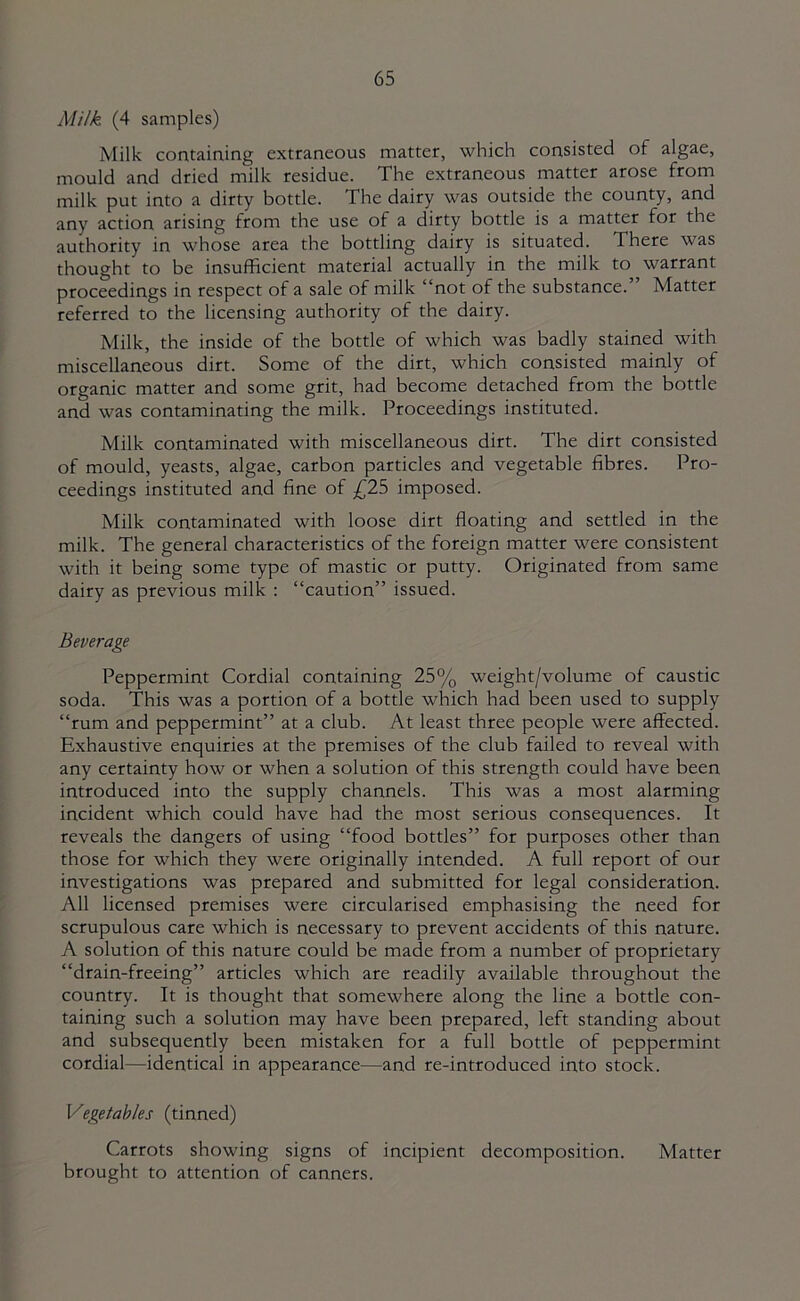 Milk (4 samples) Milk containing extraneous matter, which consisted of algae, mould and dried milk residue. The extraneous matter arose from milk put into a dirty bottle. The dairy was outside the county, and any action arising from the use of a dirty bottle is a matter for the authority in whose area the bottling dairy is situated. There was thought to be insufficient material actually in the milk to warrant proceedings in respect of a sale of milk “not of the substance.” Matter referred to the licensing authority of the dairy. Milk, the inside of the bottle of which was badly stained with miscellaneous dirt. Some of the dirt, which consisted mainly of organic matter and some grit, had become detached from the bottle and was contaminating the milk. Proceedings instituted. Milk contaminated with miscellaneous dirt. The dirt consisted of mould, yeasts, algae, carbon particles and vegetable fibres. Pro- ceedings instituted and fine of £25 imposed. Milk contaminated with loose dirt floating and settled in the milk. The general characteristics of the foreign matter were consistent with it being some type of mastic or putty. Originated from same dairy as previous milk : “caution” issued. Beverage Peppermint Cordial containing 25% weight/volume of caustic soda. This was a portion of a bottle which had been used to supply “rum and peppermint” at a club. At least three people were affected. Exhaustive enquiries at the premises of the club failed to reveal with any certainty how or when a solution of this strength could have been introduced into the supply channels. This was a most alarming incident which could have had the most serious consequences. It reveals the dangers of using “food bottles” for purposes other than those for which they were originally intended. A full report of our investigations was prepared and submitted for legal consideration. All licensed premises were circularised emphasising the need for scrupulous care which is necessary to prevent accidents of this nature. A solution of this nature could be made from a number of proprietary “drain-freeing” articles which are readily available throughout the country. It is thought that somewhere along the line a bottle con- taining such a solution may have been prepared, left standing about and subsequently been mistaken for a full bottle of peppermint cordial—identical in appearance—and re-introduced into stock. Vegetables (tinned) Carrots showing signs of incipient decomposition. Matter brought to attention of canners.
