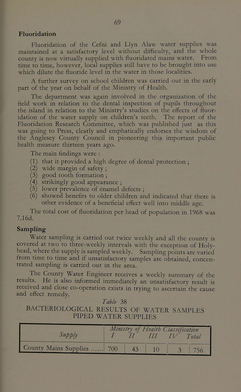 Fluoridation Fluoridation of the Cefni and Llyn Alaw water supplies was maintained at a satisfactory level without difficulty, and the whole county is now virtually supplied with fluoridated mains water. From time to time, however, local supplies still have to be brought into use which dilute the fluoride level in the water in those localities. A further survey on school children was carried out in the early part of the year on behalf of the Ministry of Health. The department was again involved in the organization of the field work in relation to the dental inspection of pupils throughout the island in relation to the Ministry’s studies on the effects of fluor- idation of the water supply on children’s teeth. The report of the Fluoridation Research Committee, which was published just as this was going to Press, clearly and emphatically endorses the wisdom of the Anglesey County Council in pioneering this important public health measure thirteen years ago. The main findings were : (1) that it provided a high degree of dental protection ; (2) wide margin of safety ; (3) good tooth formation ; (4) strikingly good appearance ; (5) lower prevalence of enamel defects ; (6) showed benefits to older children and indicated that there is other evidence of a beneficial effect well into middle age. The total cost of fluoridation per head of population in 1968 was 7.16d. Sampling Water sampling is carried out twice weekly and all the county is covered at two to three-weekly intervals with the exception of Holy- head, where the supply is sampled weekly. Sampling points are varied from time to time and if unsatisfactory samples are obtained, concen- trated sampling is carried out in the area. The County Water Engineer receives a weekly summary of the results. He is also informed immediately an unsatisfactory result is received and close co-operation exists in trying to ascertain the cause and effect remedy. Table 38 BACTERIOLOGICAL RESULTS OF WATER SAMPLES PIPED WATER SUPPLIES Supply Ministry of Health Classification 1 II III IV Total County Mains Supplies 700 43 10 3 756