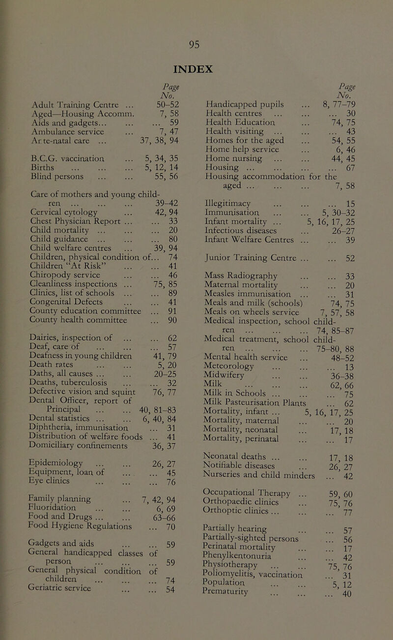 INDEX Adult Traiaing Centre ... Page No. 50-52 Aged—Mousing Accomm. 7, 58 Aids and gadgets ... 59 Ambulance service 7, 47 Arte-natal care ... 37, 38, 94 B.C.G. vaccination 5, 34, 35 Births ... 5, 12, 14 Blind persons 55, 56 Care of mothers and young child- ren 39-42 Cervical cytology 42, 94 Chest Physician Report ... ... 33 Child mortality ... ... 20 Child guidance ... ... 80 Child welfare centres 39, 94 Children, physical condition Children “At Risk” of... 74 ... 41 Chiropody service ... 46 Cleanliness inspections ... 75, 85 Clinics, list of schools ... 89 Congenital Defects ... 41 County education committee ... 91 County health committee ... 90 Dairies, inspection of ... 62 Deaf, care of ... 57 Deafness in young children 41, 79 Death rates 5, 20 Daths, all causes ... 20-25 Deaths, tuberculosis ... 32 Defective vision and squint 76, 77 Dental Officer, report of Principal 40, 81-83 Dental statistics ... 6, 40, 84 Diphtheria, immunisation ... 31 Distribution of welfare foods ... 41 Domiciliary corffinements 36, 37 Epidemiology 26, 27 Equipment, loan of ... 45 Eye clinics ... 76 Family planning 7, 42, 94 Fluoridation 6, 69 Food and Drugs ... 63-66 Food Hygiene Regulations ... 70 Gadgets and aids ... 59 General handicapped classes 1 of person ... 59 General physical condition of children ... 74 Geriatric service ... 54 Page No. Handicapped pupils 8, 77-79 Health centres ... 30 Health Education 74, 75 Health visiting ... 43 Homes for the aged 54, 55 Home help service 6, 46 Home nursing 44, 45 Housing ... ... 67 Housing accommodation for the aged ... 7, 58 Illegitimacy ... 15 Immunisation 5, 30-32 Infant mortality ... 5, 16, 17, 25 Infectious diseases 26-27 Infant Welfare Centres ... ... 39 Junior Training Centre ... ... 52 Mass Radiography ... 33 Maternal mortality ... 20 Measles immunisation ... ... 31 Meals and milk (schools) 74, 75 Meals on wheels service 7, 57, 58 Medical inspection, school child- ren 74, 85-87 Medical treatment, school child- ren 75-80, 88 Mental health service 48-52 Meteorology ... 13 Midwifery 36-38 Milk 62, 66 Milk in Schools ... ... 75 Milk Pasteurisation Plants ... 62 Mortality, infant ... 5, 16, 17, 25 Mortality, maternal ... 20 Mortality, neonatal 17, 18 Mortality, perinatal ... 17 Neonatal deaths 17, 18 Notifiable diseases 26, 27 Nurseries and child minders ... 42 Occupational Therapy ... 59, 60 Orthopaedic clinics 75, 76 Orthoptic clinics ... 77 Partially hearing ... 57 Partially-sighted persons ... 56 Perinatal mortality ... 17 Phenylkentonuria ... 42 Physiotherapy 75, 76 Poliomyelitis, vaccination ... 31 Population 5, 12 Prematurity ... 40