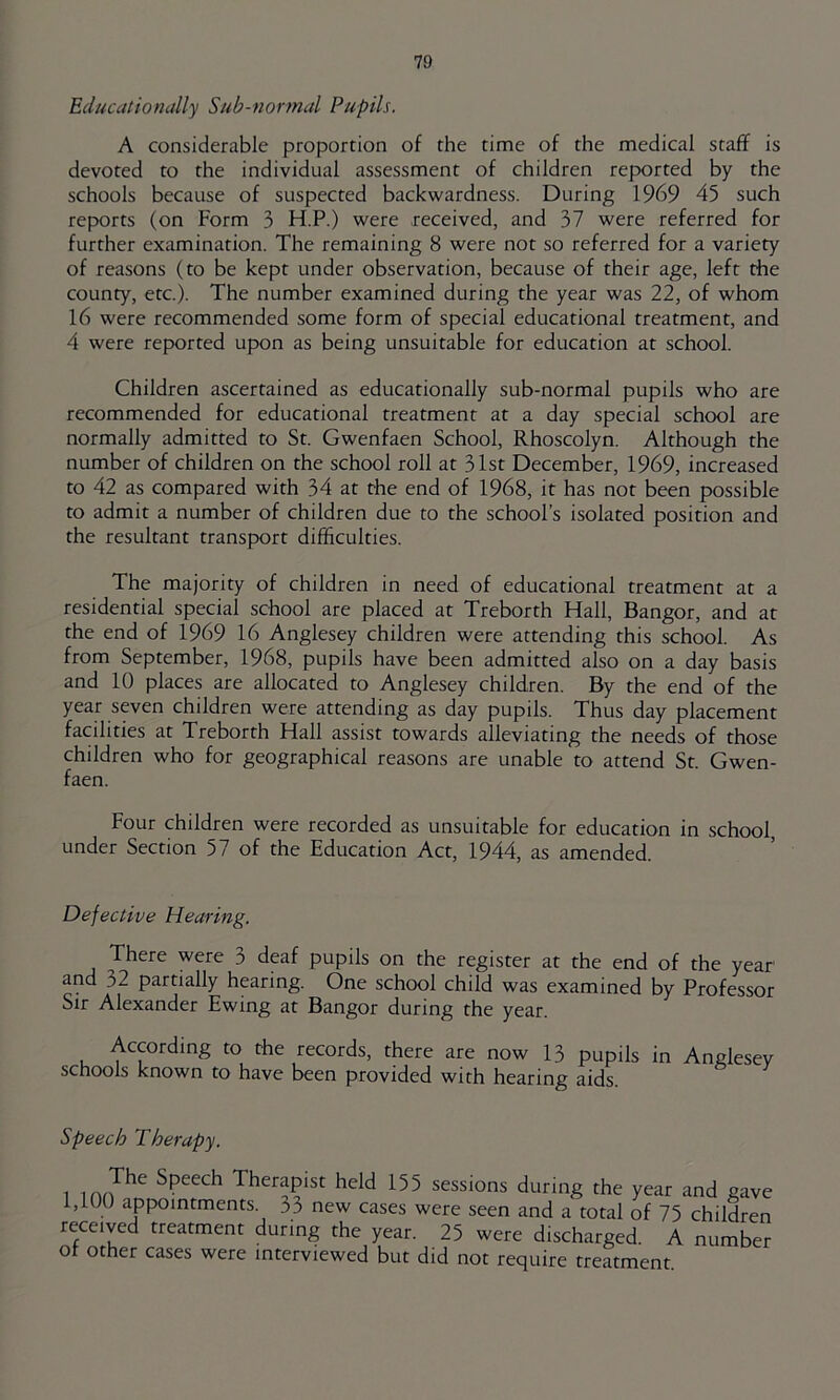 Educationally Sub-normal Pupils. A considerable proportion of the time of the medical staff is devoted to the individual assessment of children reported by the schools because of suspected backwardness. During 1969 45 such reports (on Form 3 H.P.) were received, and 37 were referred for further examination. The remaining 8 were not so referred for a variety of reasons (to be kept under observation, because of their age, left the county, etc.). The number examined during the year was 22, of whom 16 were recommended some form of special educational treatment, and 4 were reported upon as being unsuitable for education at school. Children ascertained as educationally sub-normal pupils who are recommended for educational treatment at a day special school are normally admitted to St. Gwenfaen School, Rhoscolyn. Although the number of children on the school roll at 31st December, 1969, increased to 42 as compared with 34 at the end of 1968, it has not been possible to admit a number of children due to the school’s isolated position and the resultant transport difficulties. The majority of children in need of educational treatment at a residential special school are placed at Treborth Hall, Bangor, and at the end of 1969 16 Anglesey children were attending this school. As from September, 1968, pupils have been admitted also on a day basis and 10 places are allocated to Anglesey children. By the end of the year seven children were attending as day pupils. Thus day placement facilities at Treborth Hall assist towards alleviating the needs of those children who for geographical reasons are unable to attend St. Gwen- faen. Four children were recorded as unsuitable for education in school, under Section 57 of the Education Act, 1944, as amended. Defective Hearing. There were 3 deaf pupils on the register at the end of the year and 32 partially hearing. One school child was examined by Professor Sir Alexander Ewing at Bangor during the year. According to the records, there are now 13 pupils in Anglesey schools known to have been provided with hearing aids. Speech Therapy. 1 Speech Therapist held 155 sessions during the year and gave i,lUU appointments. 33 new cases were seen and a total of 75 children received treatment during the year. 25 were discharged. A number of other cases were interviewed but did not require treatment.