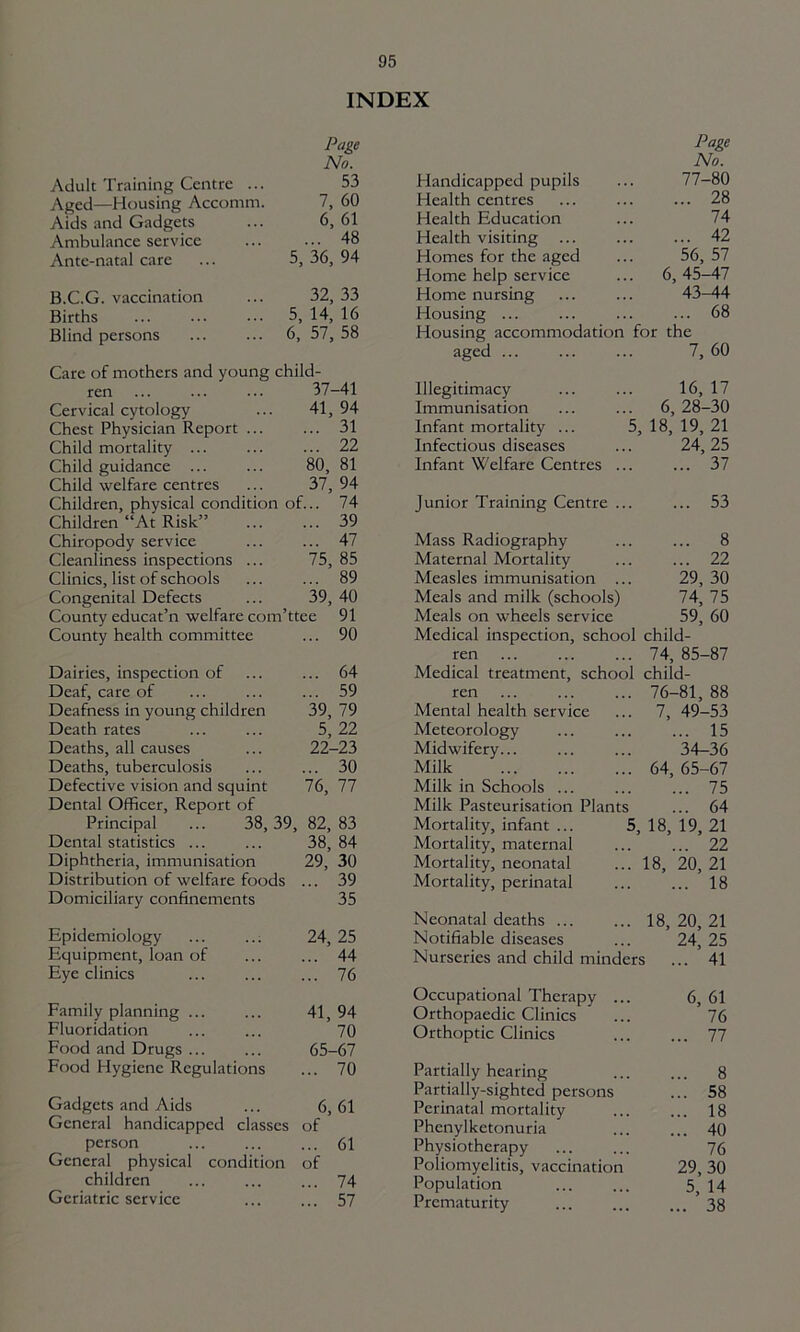 INDEX Adult Training Centre ... Aged—Housing Acconim. Aids and Gadgets Ambulance service Ante-natal care B.C.G. vaccination Births Blind persons ren Cervical cytology Chest Physician Report ... Child mortality Child guidance ... Child welfare centres Children, physical conditior Children “At Risk” Chiropody service Cleanliness inspections ... Clinics, list of schools Congenital Defects County educat’n welfare con County health committee Dairies, inspection of Deaf, care of Deafness in young children Death rates Deaths, all causes Deaths, tuberculosis Defective vision and squint Dental Officer, Report of Principal ... 38, Dental statistics ... Diphtheria, immunisation Distribution of welfare fooc Domiciliary confinements Epidemiology Equipment, loan of Eye clinics Family planning ... Fluoridation Food and Drugs ... Food Hygiene Regulations Page Page No. No. 53 Handicapped pupils 77-80 7, 60 Health centres ... 28 6, 61 Health Education 74 ... 48 Health visiting ... ... 42 5, 36, 94 Homes for the aged 56, 57 Home help service 6, 45-47 32, 33 Home nursing 43-44 5, 14, 16 Housing ... 68 6, 57, 58 Housing accommodation for the aged ... 7, 60 hild- 37-41 Illegitimacy 16, 17 41, 94 Immunisation 6, 28-30 ... 31 Infant mortality ... 5, 18, 19, 21 ... 22 Infectious diseases 24, 25 80, 81 Infant Welfare Centres ... ... 37 37, 94 of... 74 Junior Training Centre ... ... 53 ... 39 ... 47 Mass Radiography ... 8 75, 85 Maternal Mortality ... 22 ... 89 Measles immunisation ... 29, 30 39, 40 Meals and milk (schools) 74, 75 ’ttee 91 Meals on wheels service 59, 60 ... 90 Medical inspection, school child- ren 74, 85-87 ... 64 Medical treatment, school child- ... 59 ren 76-81, 88 39, 79 Mental health service 7, 49-53 5, 22 Meteorology ... 15 22-23 Midwifery... 34-36 ... 30 Milk 64, 65-67 76, 77 Milk in Schools ... ... 75 Milk Pasteurisation Plants ... 64 9, 82, 83 Mortality, infant ... 5, 18, 19, 21 38, 84 Mortality, maternal ... 22 29, 30 Mortality, neonatal 18, 20, 21 i ... 39 35 Mortality, perinatal ... 18 Neonatal deaths ... 18, 20, 21 24, 25 Notifiable diseases 24, 25 ... 44 Nurseries and child minders ; ... 41 ... 76 Occupational Therapy ... 6, 61 41, 94 Orthopaedic Clinics 76 70 Orthoptic Clinics ... 77 65-67 70 Gadgets and Aids ... 6,61 General handicapped classes of person 61 General physical condition of children ... ... ... 74 Geriatric service ... ... 57 Partially hearing ... ... 8 Partially-sighted persons ... 58 Perinatal mortality ... ... 18 Phenylketonuria ... ... 40 Physiotherapy ... ... 76 Poliomyelitis, vaccination 29, 30 Population ... ... 5, 14 Prematurity ’ 38