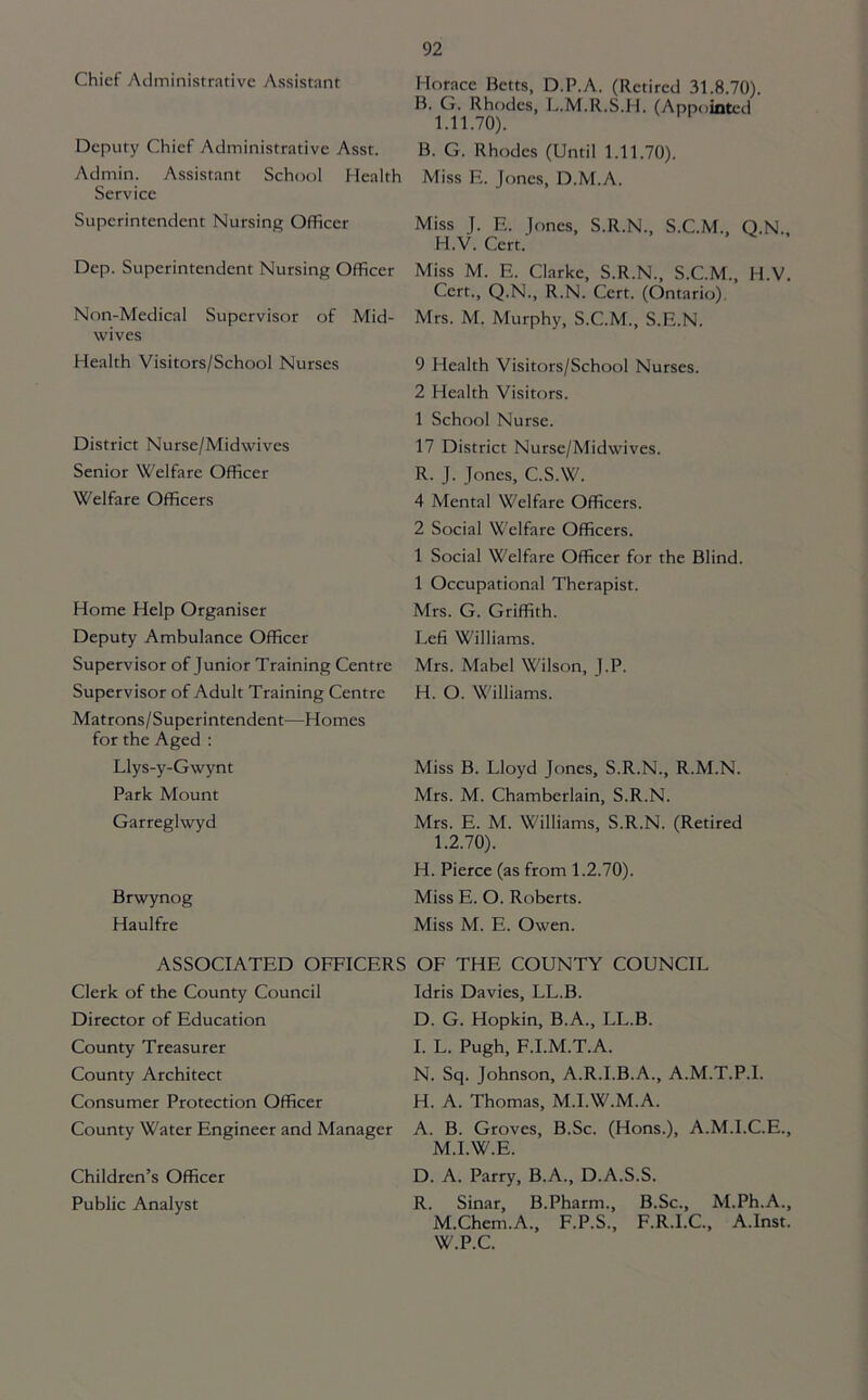 Chief Administrative Assistant Deputy Chief Administrative Asst. Admin. Assistant School Health Service Superintendent Nursing Officer Dep. Superintendent Nursing Officer Non-Medical Supervisor of Mid- wives Health Visitors/School Nurses District Nurse/Midwives Senior Welfare Officer Welfare Officers Home Help Organiser Deputy Ambulance Officer Supervisor of Junior Training Centre Supervisor of Adult Training Centre Matrons/Superintendent—Homes for the Aged : Llys-y-Gwynt Park Mount Garteglwyd Brwynog Haulfre Horace Betts, D.P.A. (Retired 31.8.70). B. G. Rhodes, l^.M.R.S.H. (Appointed 1.11.70). B. G. Rhodes (Until 1.11.70). Miss E. Jones, D.M.A. Miss J. E. Ifines, S.R.N., S.C.M., Q.N., H.V. Cert. Miss M. E. Clarke, S.R.N., S.C.M., H.V. Cert., Q.N., R.N. Cert. (Ontario). Mrs. M. Murphy, S.C.M., S.E.N. 9 Health Visitors/School Nurses. 2 Health Visitors. 1 School Nurse. 17 District Nurse/Midwives. R. J. Jones, C.S.W. 4 Mental Welfare Officers. 2 Social Welfare Officers. 1 Social Welfare Officer for the Blind. 1 Occupational Therapist. Mrs. G. Griffith. Lefi Williams. Mrs. Mabel Wilson, J.P. H. O. Williams. Miss B. Lloyd Jones, S.R.N., R.M.N. Mrs. M. Chamberlain, S.R.N. Mrs. E. M. Williams, S.R.N. (Retired 1.2.70). H. Pierce (as from 1.2.70). Miss E. O. Roberts. Miss M. E. Owen. ASSOCIATED OFFICERS OF THE COUNTY COUNCIL Clerk of the County Council Director of Education County Treasurer County Architect Consumet Protection Officer County Water Engineer and Manager Children’s Officer Public Analyst Idris Davies, LL.B. D. G. Hopkin, B.A., LL.B. I. L. Pugh, F.I.M.T.A. N. Sq. Johnson, A.R.I.B.A., A.M.T.P.I. H. A. Thomas, M.I.W.M.A. A. B. Groves, B.Sc. (Hons.), A.M.I.C.E., M.I.W.E. D. A. Parry, B.A., D.A.S.S. R. Sinar, B.Pharm., B.Sc., M.Ph.A., M.Chem.A., F.P.S., F.R.I.C., A.Inst. W.P.C.