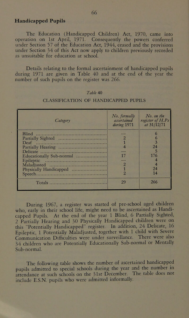 Handicapped Pupils The Education (Handicapped Children) Act, 1970, came into operation on 1st April, 1971. Consequently the powers conferred under Section 57 of the Education Act, 1944, ceased and the provisions under Section 34 of this Act now apply to children previously recorded as unsuitable for education at school. Details relating to the formal ascertainment of handicapped pupils during 1971 are given in Table 40 and at the end of the year the number of such pupils on the register was 266. Table 40 CLASSIFICATION OF HANDICAPPED PUPILS Category No. formally ascertained during 1971 No. on the register of H.Ps at 31/12/71 Blind _ 6 Partially Sighted 2 6 Deaf 1 3 Partially Hearing 4 24 Delicate — 5 Educationally Sub-normal 17 176 Epileptic — 4 Maladjusted 2 4 Physically Handicapped 1 24 Speech 2 14 Totals 29 266 During 1967, a register was started of pre-school aged children who, early in their school life, might need to be ascertained as Handi- capped Pupils. At the end of the year 1 Blind, 6 Partially Sighted, 2 Partially Hearing and 30 Physically Handicapped children were on this Potentially Handicapped” register. In addition, 24 Delicate, 16 Epileptic, 1 Potentially Maladjusted, together with 1 child with Severe Communication Difficulties were under surveillance. There were also 34 children who are Potentially Educationally Sub-normal or Mentally Sub-normal. The following table shows the number of ascertained handicapped pupils admitted to special schools during the year and the number in attendance at such schools on the 31st December. The table does not include E.S.N. pupils who were admitted informally.