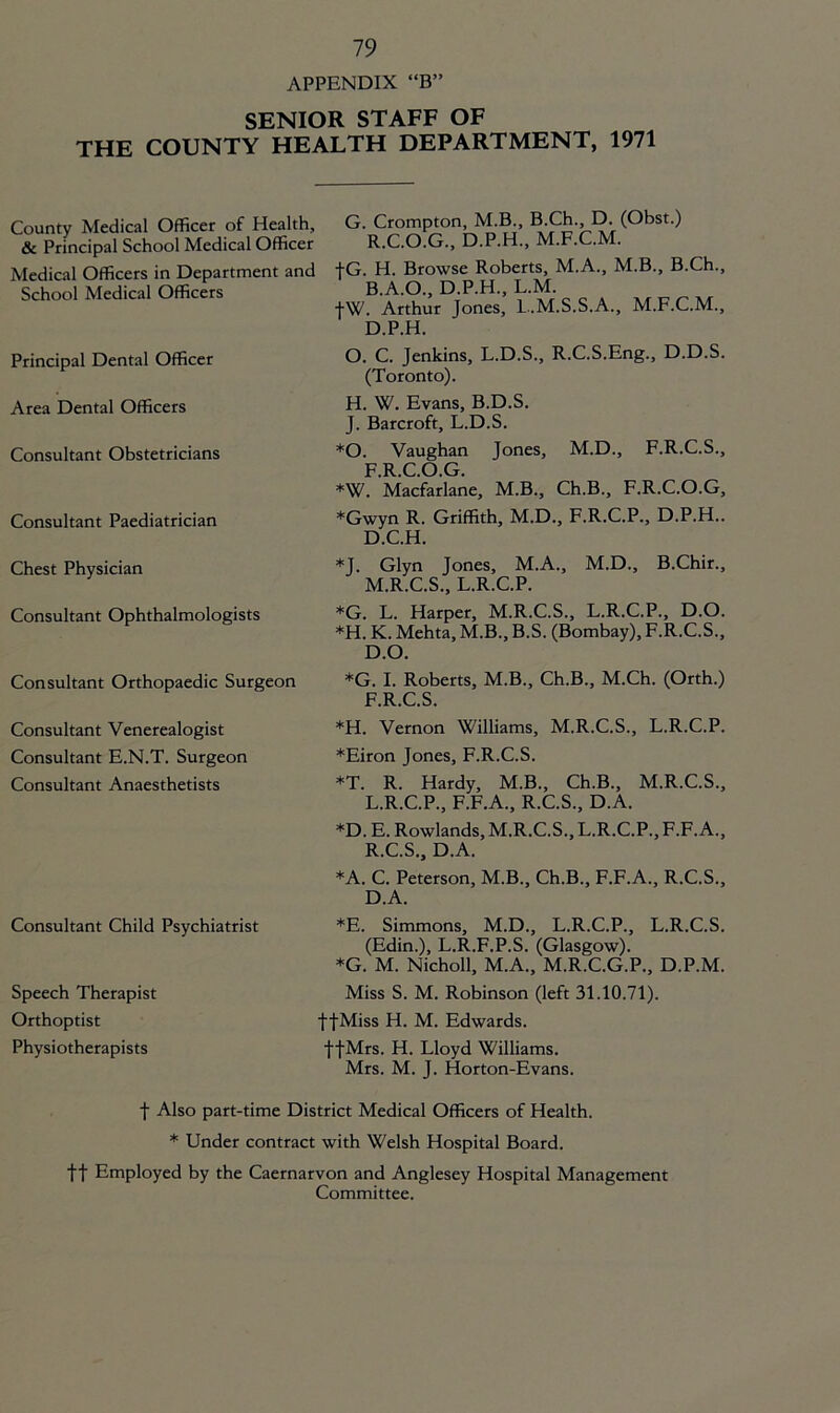 APPENDIX “B” SENIOR STAFF OF THE COUNTY HEALTH DEPARTMENT, 1971 County Medical Officer of Health, & Principal School Medical Officer Medical Officers in Department and School Medical Officers Principal Dental Officer Area Dental Officers Consultant Obstetricians Consultant Paediatrician G. Crompton, M.B., B.Ch., D. (Obst.) R.C.O.G.. D.P.H., M.F.C.M. +G. H. Browse Roberts, M.A., M.B., B.Ch., B.A.O., D.P.H., L.M. fW. Arthur Jones, L.M.S.S.A., M.F.C.M., D.P.H. O. C. Jenkins, L.D.S., R.C.S.Eng., D.D.S. (Toronto). H. W. Evans, B.D.S. J. Barcroft, L.D.S. *0. Vaughan Jones, M.D., F.R.C.S., F R C O G *W. Macfarlane, M.B., Ch.B., F.R.C.O.G, *Gwyn R. Griffith, M.D., F.R.C.P., D.P.H.. D.C.H. Chest Physician Consultant Ophthalmologists Consultant Orthopaedic Surgeon Consultant Venerealogist Consultant E.N.T. Surgeon Consultant Anaesthetists Consultant Child Psychiatrist Speech Therapist Orthoptist Physiotherapists *J. Glyn Jones, M.A., M.D., B.Chir., M.R.C.S., L.R.C.P. *G. L. Harper, M.R.C.S., L.R.C.P., D.O. *H. K. Mehta, M.B., B.S. (Bombay), F.R.C.S., D.O. *G. I. Roberts, M.B., Ch.B., M.Ch. (Orth.) F.R.C.S. *H. Vernon Williams, M.R.C.S., L.R.C.P. *Eiron Jones, F.R.C.S. *T. R. Hardy, M.B., Ch.B., M.R.C.S., L.R.C.P., F.F.A., R.C.S., D.A. *D. E. Rowlands, M.R.C.S., L.R.C.P., F.F.A., R.C.S., D.A. *A. C. Peterson, M.B., Ch.B., F.F.A., R.C.S., D.A. *E. Simmons, M.D., L.R.C.P., L.R.C.S. (Edin.), L.R.F.P.S. (Glasgow). *G. M. Nicholl, M.A., M.R.C.G.P., D.P.M. Miss S. M. Robinson (left 31.10.71). f-j-Miss H. M. Edwards. tfMrs. H. Lloyd Williams. Mrs. M. J. Horton-Evans. t Also part-time District Medical Officers of Health. * Under contract with Welsh Hospital Board. ft Employed by the Caernarvon and Anglesey Hospital Management Committee.
