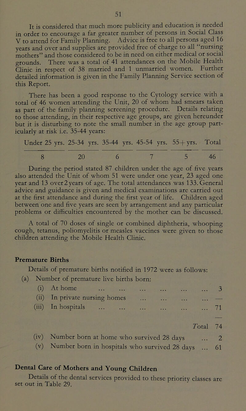 It is considered that much more publicity and education is needed in order to encourage a far greater number of persons in Social Class V to attend for Family Planning. Advice is free to all persons aged 16 years and over and supplies are provided free of charge to all “nursing mothers” and those considered to be in need on either medical or social grounds. There was a total of 41 attendances on the Mobile Health Clinic in respect of 38 married and 1 unmarried women. Further detailed information is given in the Family Planning Service section of this Report. There has been a good response to the Cytology service with a total of 46 women attending the Unit, 20 of whom had smears taken as part of the family planning screening procedure. Details relating to those attending, in their respective age groups, are given hereunder but it is disturbing to note the small number in the age group part- icularly at risk i.e. 35-44 years: Under 25 yrs. 25-34 yrs. 35-44 yrs. 45-54 yrs. 55+yrs. Total 8 20 6 7 5 46 During the period stated 87 children under the age of five years also attended the Unit of whom 51 were under one year, 23 aged one year and 13 over 2 years of age. The total attendances was 133. General advice and guidance is given and medical examinations are carried out at the first attendance and during the first year of life. Children aged between one and five years are seen by arrangement and any particular problems or difficulties encountered by the mother can be discussed. A total of 70 doses of single or combined diphtheria, whooping cough, tetanus, poliomyelitis or measles vaccines were given to those children attending the Mobile Health Clinic. Premature Births Details of premature births notified in 1972 were as follows: (a) Number of premature live births born: (i) At home 3 (ii) In private nursing homes — (iii) In hospitals 71 Total 74 (iv) Number born at home who survived 28 days 2 (v) Number born in hospitals who survived 28 days ... 61 Dental Care of Mothers and Young Children Details of the dental services provided to these priority classes are set out in Table 29.