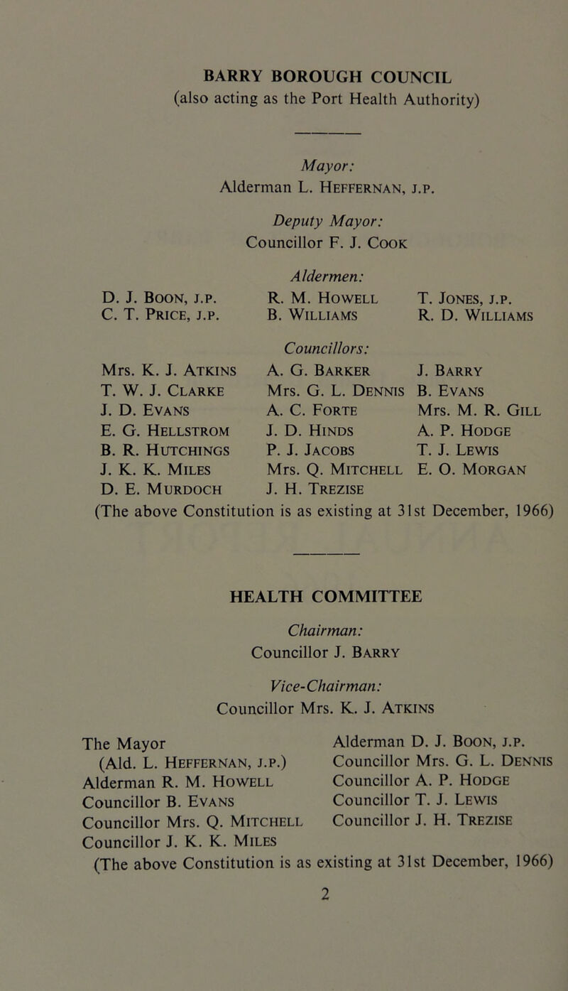 BARRY BOROUGH COUNCIL (also acting as the Port Health Authority) Mayor: Alderman L. Heffernan D. J. Boon, j.p. C. T. Price, j.p. Mrs. K. J. Atkins T. W. J. Clarke J. D. Evans E. G. Hellstrom B. R. Hutchings J. K. K. Miles D. E. Murdoch Deputy Mayor: Councillor F. J. Cook Aldermen: R. M. Howell B. Williams Councillors: A. G. Barker Mrs. G. L. Dennis A. C. Forte J. D. Hinds P. J. Jacobs Mrs. Q. Mitchell J. H. Trezise j.p. T. Jones, j.p. R. D. Williams J. Barry B. Evans Mrs. M. R. Gill A. P. Hodge T. J. Lewis E. O. Morgan (The above Constitution is as existing at 31st December, 1966) HEALTH COMMITTEE Chairman: Councillor J. Barry Vice-Chairman: Councillor Mrs. K. J. Atkins Alderman D. J. Boon, j.p. Councillor Mrs. G. L. Dennis Councillor A. P. Hodge Councillor T. J. Lewis Councillor J. H. Trezise (The above Constitution is as existing at 31st December, 1966) The Mayor (Aid. L. Heffernan, j.p.) Alderman R. M. Howell Councillor B. Evans Councillor Mrs. Q. Mitchell Councillor J. K. K. Miles