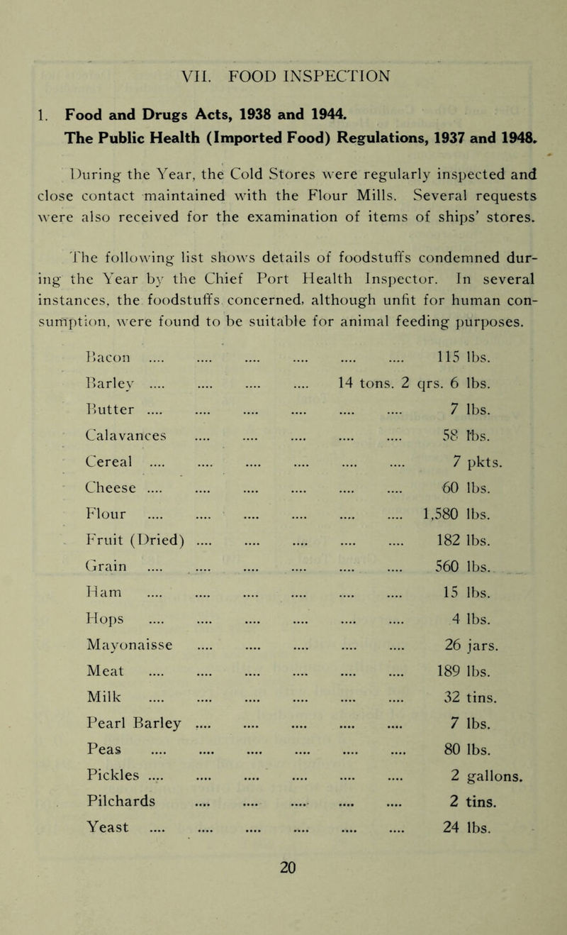 VIL FOOD INSPECTION 1. Food and Drugs Acts, 1938 and 1944. The Public Health (Imported Food) Regulations, 1937 and 1948. During the Year, the Cold Stores were regularly inspected and close contact maintained with the Flour Mills. Several requests were also received for the examination of items of ships’ stores. The following list shows details of foodstuffs condemned dur- ing the Year by the Chief Port Health Inspector. In several instances, the foodstuffs concerned, although unfit for human con- sumption, were found to be suitable for animal feeding purposes. Barley .... Butter Calavances Cereal .... Cheese .... Flour Fruit (Dried) Grain Ham Hops Mayonaisse Meat Milk Pearl Barley . Peas Pickles Pilchards Yeast 14 tons 2 qrs. 6 lbs. 7 lbs. 58 lbs. 7 pkts 60 lbs. 1,580 lbs. 182 lbs. 560 lbs. 15 lbs. 4 lbs. 26 jars. 189 lbs. 32 tins. 7 lbs. 80 lbs. 2 gallons. 2 tins. 24 lbs.