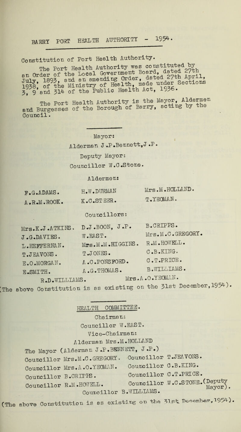 BAKRY PORT HEALTH authority 1954. Constitution of Port Health Authority. The Port Health Authority was an Order of the Local Government Board, dated 27th JuIt 1893. and an amending Order, dated 27th Apri , S of the Ministry of Health, made under Sections 3, 9 and 314 of the Public Health Act, 1^36 • The Port Health Authority is the Mayor, Aldermen and Burgesses of the Borough of Barry, acting by the Council. Mayor: Alderman J «P.Bennett., J *P« Deputy Mayors Councillor W.C.Stone. Aldermen: F.G. ADAMS. A.R.M.ROOK. H.W.DURMAN K.C.STEER. Councillors: J.P. Mrs .M. HOLLAND. T. YEOMAN. D.J.BOON, W.EAST. Mrs • M .M • HI GGINS T. JONES. A.C.PONSFORD• a.&.thomas. Mrs.K.J .ATKINS J .G .DAVIES. L.HEFFERNAN. T.JEAVONS. E.O.MORGAN. E.SMI TH. R .D .WILLIAMS. Mrs. A . 0 .YEOMAN. Phe above Constitution is as existing on the 31st December, 1954) B. CRIPPS. Mr s. M. C. GREGORY . S .M • HOWELL • C. B.KING. G.T.PRICE. B.WILLIAMS. HEALTH COMMITTEE. Chairmans Councillor W.EAST. Vic e-Chairms n s A1 derma n Mrs.M • HOLLAND The Mayor (Alderman J.P.BENNETT, J .P.) Councillor Mrs.M.C.GREGORY. Councillor Councillor Mrs,A.0.YEOMAN. Councillor Councillor B.CRIPPS. Councillor Councillor R.M.HOWELL. Councillor Councillor B.WILLIAMS. (The above Constitution is as existing on the 31sU December, 1954) T.JEAVONS. C.B.KING. C.T.PRICE. W .0 .STONE. (Deputy Mayor).