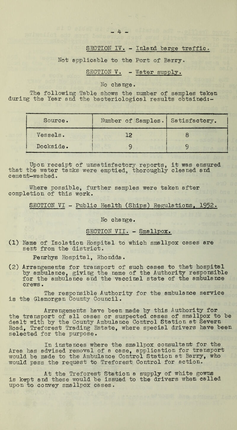 SECTION IV. - Inland barge traffic. Not applicable to the Port of Barry. SECTION V. - Water supply. No change. The following Table shows the number of samples taken during the Year and the bacteriological results obtained:- Source. Number of Samples. Satisfactory. Vessels. 12 8 Dockside. 9 9 Upon receipt of unsatisfactory reports, it was ensured that the water tanks were emptied, thoroughly cleaned and cement-washed. Where possible, further samples were taken after completion of this work. SECTION VI - Publio Health (Ships) Regulations. 1952. No change. SECTION VII. - Smallpox. (1) Name of Isolation Hospital to which smallpox cases are sent from the district. Penrhys Hospital, Rhondda. (2) Arrangements for transport of such cases to that hospital by ambulance, giving the name of the Authority responsible for the ambulance and the vaccinal state of the ambulance crews. The responsible Authority for the ambulanoe service is the Glamorgan County Council. Arrangements have been made by this Authority for the transport of all cases or suspected cases of smallpox to be dealt with by the County Ambulance Control Station at Severn Road, Treforest Trading Estate, where special drivers have been selected for the purpose. In instances where the smallpox consultant for the Area has advised removal of a case, application for transport would be made to the Ambulance Control Station at Barry, who would pass the request to Treforest Control for action. At the Treforest Station a supply of white gowns is kept and these would be issued to the drivers when called upon to convey smallpox cases.