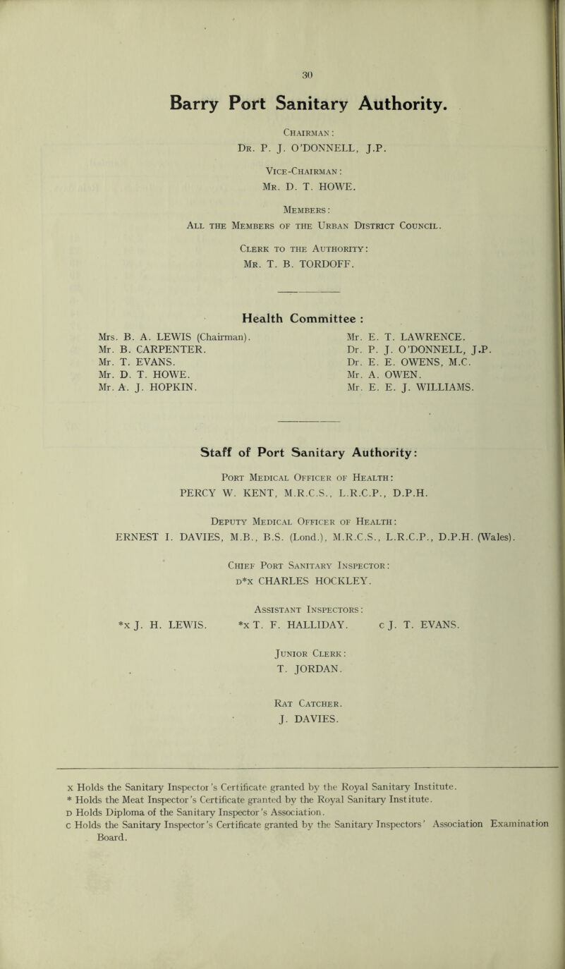 Barry Port Sanitary Authority. Chairman : Dr. P. J. O’DONNELL, J.P. Vice-Chairman : Mr. D. T. HOWE. Members : All the Members of the Urban District Council. Clerk to the Authority: Mr. T. B. TORDOFF. Health Committee : Mrs. B. A. LEWIS (Chairman). Mr. E. T. LAWRENCE. Mr. B. CARPENTER. Dr. P. J. O’DONNELL, J.P Mr. T. EVANS. Dr. E. E. OWENS, M.C. Mr. D. T. HOWE. Mr. A. OWEN. Mr. A. J. HOPKIN. Mr. E. E. J. WILLIAMS. Staff of Port Sanitary Authority: Port Medical Officer of Health: PERCY W. KENT, M.R.C.S., L.R.C.P., D.P.H. Deputy Medical Officer of Health: ERNEST I. DAVIES, M.B., B.S. (Lond.), M.R.C.S., L.R.C.P., D.P.H. (Wales). Chief Port Sanitary Inspector: d* *x CHARLES HOCKLEY. Assistant Inspectors : *xj. H. LEWIS. *xT. F. HALLIDAY. c J. T. EVANS. Junior Clerk : T. JORDAN. Rat Catcher. J. DAVIES. x Holds the Sanitary Inspector’s Certificate granted by the Royal Sanitary Institute. * Holds the Meat Inspector’s Certificate granted by the Royal Sanitary Institute. D Holds Diploma of the Sanitary Inspector’s Association. c Holds the Sanitary Inspector’s Certificate granted by the Sanitary Inspectors’ Association Examination Board.