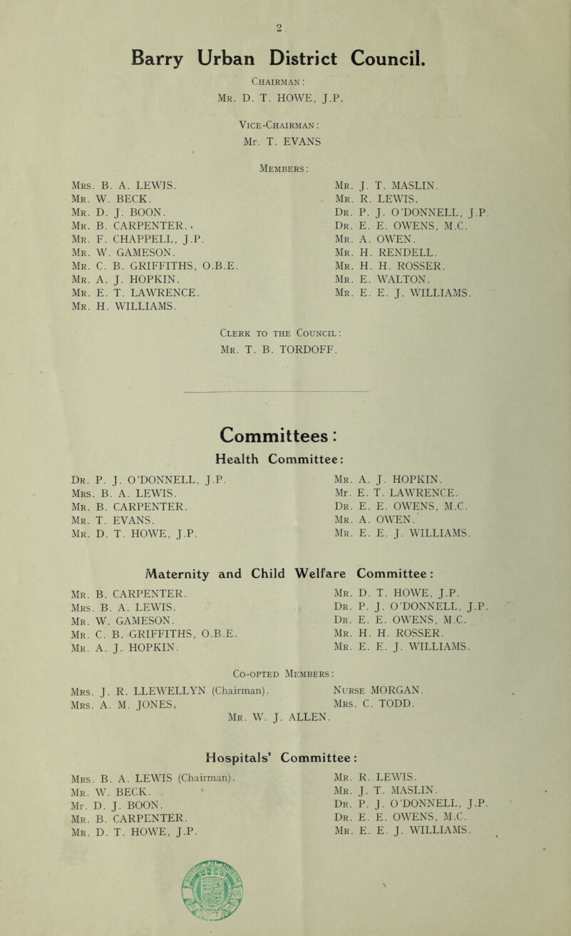 Barry Urban District Council. Chairman : Mr. D. T. HOWE, J.P. Vice-Chairman : Mr. T. EVANS Members : Mrs. B. A. LEWIS. Mr. J. T. MASLIN. Mr. W. BECK. Mr. R. LEWIS. Mr. D. J. BOON. Dr. P. J. O’DONNELL, J.P Mr. B. CARPENTER,. Dr. E. E. OWENS, M.C. Mr. F. CHAPPELL, J.P. Mr. A. OWEN. Mr. W. GAMESON. Mr. H. RENDELL. Mr. C. B. GRIFFITHS, O.B.E. Mr. H. H. ROSSER. Mr. A. J. HOPKIN. Mr. E. WALTON. Mr. E. T. LAWRENCE. Mr. H. WILLIAMS. Mr. E. E. J. WILLIAMS. Clerk to the Council: Mr. T. B. TORDOFF. Committees: Health Committee: Dr. P. J. O’DONNELL, J.P. Mrs. B. A. LEWIS. Mr. B. CARPENTER. Mr. T. EVANS. Mr. D. T. HOWE, J.P. Mr. A. J. HOPKIN. Mr. E. T. LAWRENCE. Dr. E. E. OWENS, M.C. Mr. A. OWEN. Mr. E. E. J. WILLIAMS. Maternity and Child Mr. B. CARPENTER. Mrs. B. A. LEWIS. Mr. W. GAMESON. Mr. C. B. GRIFFITHS, O.B.E. Mr. A. J. HOPKIN. Welfare Committee : Mr. D. T. HOWE, J.P. Dr. P. J. O’DONNELL, J.P Dr. E. E. OWENS, M.C. Mr. H. H. ROSSER. Mr. E. E. J. WILLIAMS. Co-opted Members: Mrs. J. R. LLEWELLYN (Chairman). Nurse MORGAN. Mrs. A. M. JONES, Mrs. C. TODD. Mr. W. J. ALLEN. Hospitals’ Mrs. B. A. LEWIS (Chairman). Mr. W. BECK. Mr. D. J. BOON. Mr. B. CARPENTER. Mr. D. T. HOWE, J.P. Committee : Mr. R. LEWIS. Mr. J. T. MASLIN. Dr. P. J. O'DONNELL, J.P Dr. E. E. OWENS, M.C. Mr. E. E. J. WILLIAMS.