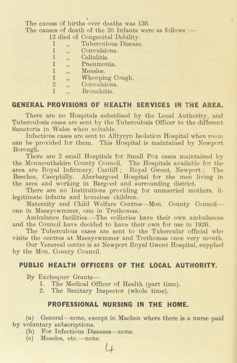 The excess of births over deaths was 136. The causes of death of the 20 Infants were as follows :— 12 died of Congenital Debility. 1 ,, Tuberculous Disease. 1 ,, Convulsions. 1 ,, Cellulitis. 1 ,, Pneumonia. 1 ,, Measles. 1 ,, Whooping Cough. 2 ,, Convulsions. 1 ,, Bronchitis. GENERAL PROVISIONS OF HEALTH SERVICES IN THE AREA. There are no Hospitals subsidised by the Local Authority, and Tuberculosis cases are sent by the Tuberculosis Officer to the different Sanatoria in Wales when suitable. Infectious cases are sent to Alltyryn Isolation Hospital when room can be provided for them. This Hospital is maintained by Newport Borough. There are 2 small Hospitals for Small Pox cases maintained by the Monmouthshire County Council. The Hospitals available for the area are Royal Infirmary, Cardiff ; Royal Gwent, Newport; The Beeches, Caerphilly. Aberbargoed Hospital for the men living in the area and working in Bargoed and surrounding district. There are no Institutions providing for unmarried mothers, il- legitimate infants and homeless children. Maternity and Child Welfare Centres—Mon. County Council- one in Maesycwmmer, one in Trethomas. Ambulance facilities.—The collieries have their own ambulances and the Council have decided to have their own for use in 1926. The Tuberculous cases are sent to the Tubercular official who visits the centres at Maesycwmmer and Trethomas once very month. Our Venereal centre is at Newport Royal Gwent Hospital, supplied by the Mon. County Council. PUBLIC HEALTH OFFICERS OF THE LOCAL AUTHORITY. By Exchequer Grants— 1. The Medical Officer of Health (part time). 2. The Sanitary Inspector (whole time). (a) General—none, except in Machen where there is a nurse paid by voluntary subscriptions. (b) For Infectious Diseases—none. (c) Measles, etc.—none. PROFESSIONAL NURSING IN THE HOME.