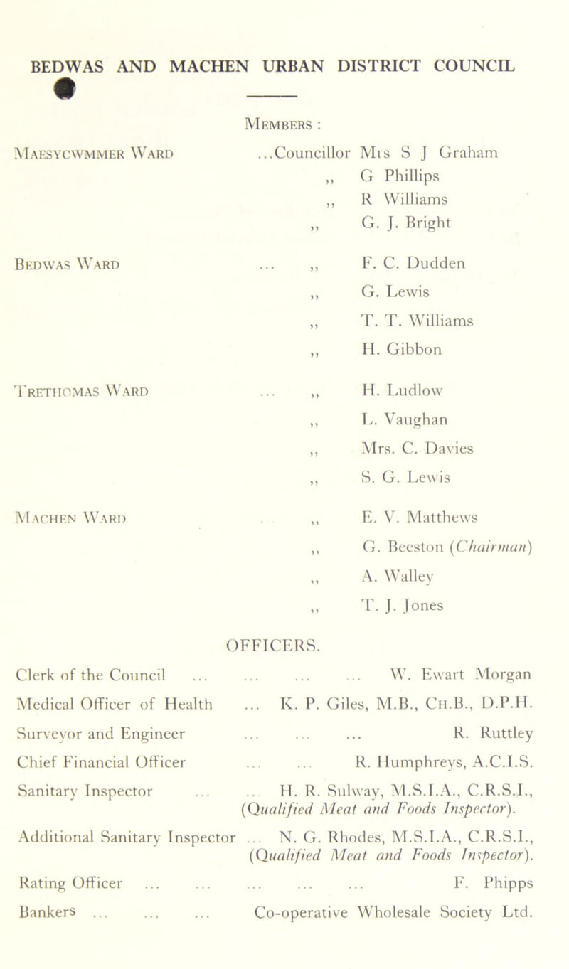 BEDWAS AND MACHEN URBAN DISTRICT COUNCIL Maesycwmmer Ward Bedwas Ward Trethomas Ward Machen Ward Members : ...Councillor Mis S J Graham ,, G Phillips ,, R Williams G. J. Bright ,, F. C. Dudden ,, G. Lewis „ T. T. Williams ,, Id. Gibbon ,, H. Ludlow ,, L. Vaughan ,, Mrs. C. Davies ,, S. G. Lewis „ E. V. Matthews ,, G. Beeston (Chairman) ,, A. Walley „ T. J. Jones OFFICERS Clerk of the Council Medical Officer of Idealth Surveyor and Engineer Chief Financial Officer Sanitary Inspector Additional Sanitary Inspector Rating Officer Bankers ... W. Ewart Morgan K. P Giles, M.B., Ch.B., D.P.Id. R. Ruttley R. Humphreys, A.C.I.S. H. R. Sulway, M.S.I.A., C.R.S.I., (Qualified Meat and Foods Inspector). ... N. G. Rhodes, M.S.I.A., C.R.S.I., (Qualified Meat and Foods Inspector). F. Phipps Co-operative Wholesale Society Ltd.