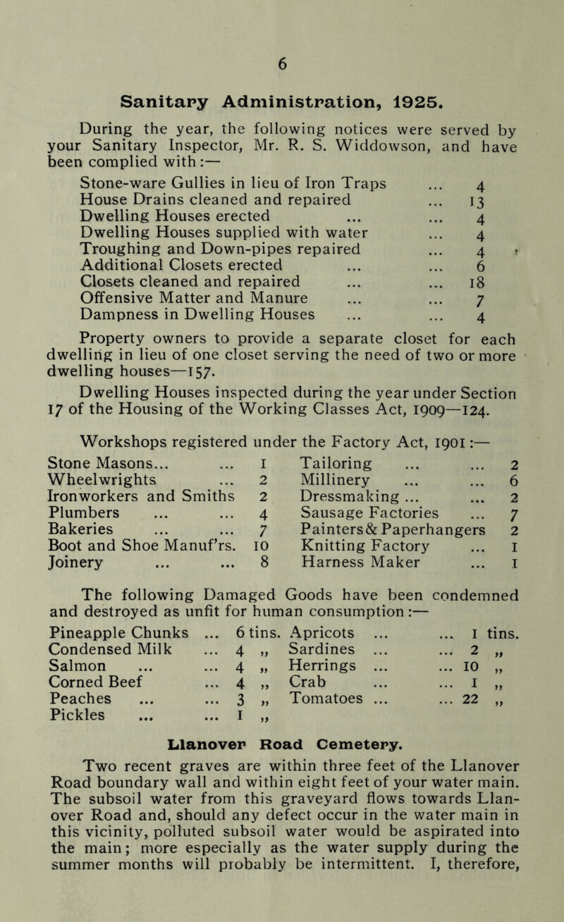 Sanitapy Administration, 1925. During the year, the following notices were served by your Sanitary Inspector, Mr. R. S. Widdowson, and have been complied with :— Stone-ware Gullies in lieu of Iron Traps ... 4 House Drains cleaned and repaired ... 13 Dwelling Houses erected ... ... 4 Dwelling Houses supplied with water ... 4 Troughing and Down-pipes repaired ... 4 t Additional Closets erected ... ... 6 Closets cleaned and repaired ... ... 18 Offensive Matter and Manure ... ... 7 Dampness in Dwelling Houses ... ... 4 Property owners to provide a separate closet for each dwelling in lieu of one closet serving the need of two or more dwelling houses—157. Dwelling Houses inspected during the year under Section 17 of the Housing of the Working Classes Act, 1909—124. Workshops registered under the Factory Act, 1901:— Stone Masons... ... 1 Wheelwrights ... 2 Ironworkers and Smiths 2 Plumbers ... ... 4 Bakeries ... ... 7 Boot and Shoe Manuf’rs. 10 Joinery ... ... 8 Tailoring Millinery Dressmaking ... Sausage Factories Painters& Paperhangers Knitting Factory Harness Maker 2 6 2 7 2 1 1 The following Damaged Goods have been condemned and destroyed as unfit for human consumption :— Pineapple Chunks Condensed Milk Salmon Corned Beef Peaches Pickles 6 tins. Apricots 4 „ Sardines 4 „ Herrings 4 „ Crab 3 „ Tomatoes . I tins. . 2 . 10 . I . 22 *» >> >> Llanover Road Cemetery. Two recent graves are within three feet of the Llanover Road boundary wall and within eight feet of your water main. The subsoil water from this graveyard flows towards Llan- over Road and, should any defect occur in the water main in this vicinity, polluted subsoil water would be aspirated into the main; more especially as the water supply during the summer months will probably be intermittent. I, therefore,