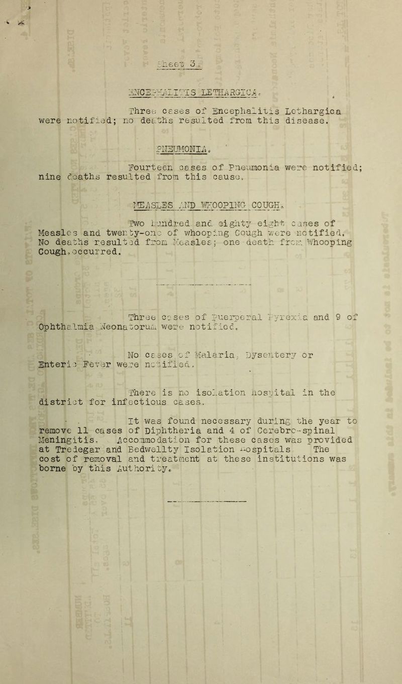 > * X £.66; u 3 i. ENCEPHALITIS LETHARGICA* Three; esses of Encephalitis Lethargica were notified; no deaths resulted from this disease. PNEUMONIA. Eourteen esses of Pneumonia were notified; nine deaths resulted from this cause. MEASLES END WHOOPING COUGH, Two hundred and eighty eight cases of Measles and twenby-onc of whooping Cough were notified. No deaths resulted from Measles; one death from Whooping Cough*occurred. Three cases of puerperal Pyrexia and 9 of Ophthalmia Neonatorum were notified. No esses of Malaria Dysentery or Enteric Fever were notified. There is no isolation Hospital in the district for infectious cases. It was found necessary during rhe year to remove 11 cases of Diphtheria and 4 of Cerebrc-spinal Meningitis. Accommodation for these cases was provided at Tredegar and Bedwellty Isolation hospitals The cost of removal and treatment at these institutions was borne by this Authority*