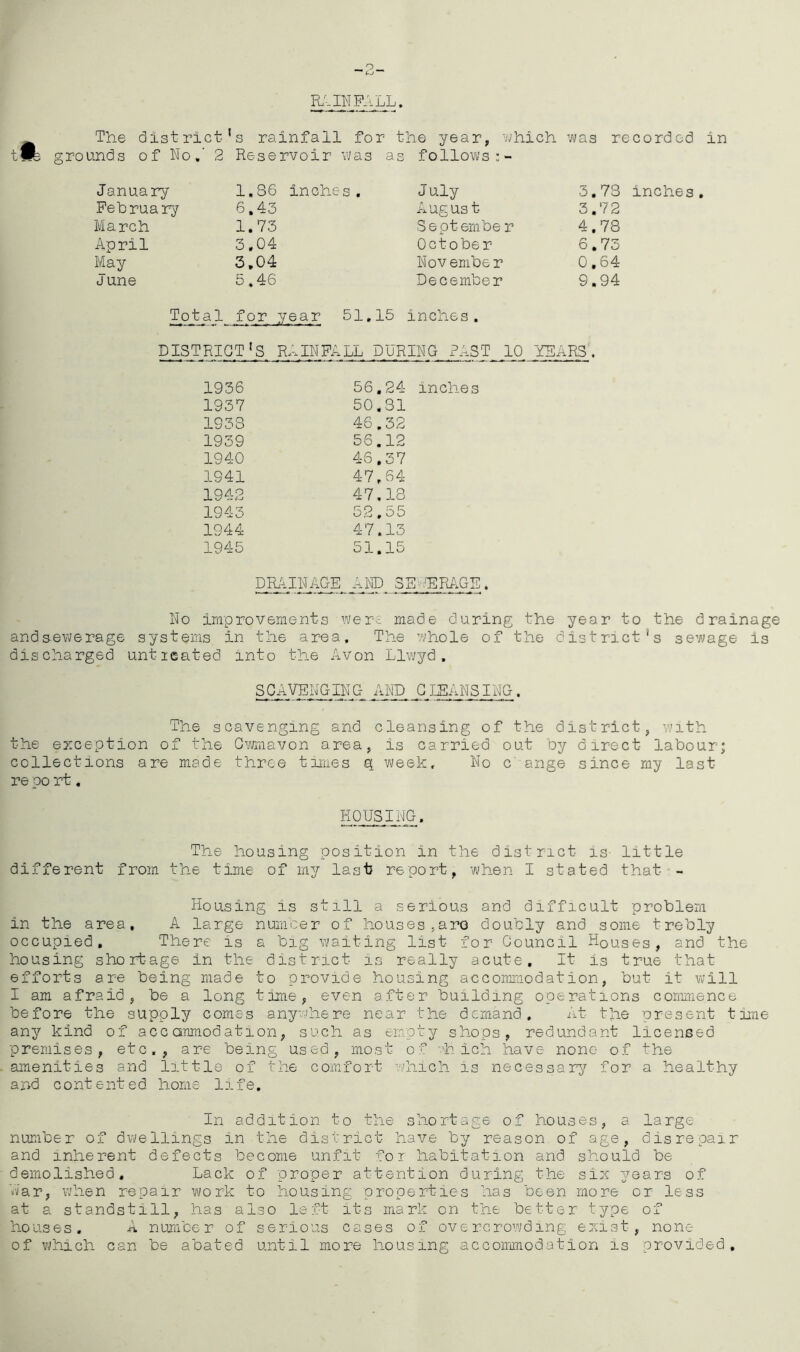 was recorded in RAINFALL. The district grounds of No,’ 2 s rainfall for the year, which Reservoir was as follows January 1,86 inches. July 5.73 inches February 6.43 A ug us t 3.72 March 1.73 September 4,78 April 3.04 October 6.73 May 3.04 Nov ember 0.64 June 5.46 December 9.94 Total for year 51.15 inches. DISTRICT'S RAINFALL DURING PAST 10 YEARS. 1936 56.24 inches 1937 50.31 1933 46.32 1939 56.12 1940 46.37 1941 47,64 1942 47.13 1943 52.55 1944 47.13 1945 51.15 DRAINAGE ARP SE^IERAGS. No improvements were made during the year to the drainage andsewerage systems in the area. The whole of the district’s sewage is discharged unticated into the Avon Llwyd. SCAVENGING AND CLEANSING. The scavenging and cleansing of the district, with the exception of the Gwmavon area, is carried out by direct labour; collections are made three times a> week. No cange since my last re po rt, HOUSING. The housing position in the district- is- little different from the time of my last report, when I stated that -- Housing is still a serious and difficult problem in the area, A large number of houses,are doubly and some trebly occupied. There is a big waiting list for Council Houses, and the housing shortage in the district is really acute. It is true that efforts are being made to provide housing accommodation, but it will I am afraid, be a long time, even after building operations commence before the supply comes anywhere near the demand. At the present time any kind of acc amnodation, such as empty shops, redundant licenced premises, etc,, are being used, most of 'h ich have none of the amenities and little of the comfort which is necessary for a healthy and contented home life. In addition to the shortage of houses, a large number of dwellings in the district have by reason of age, disrepair and inherent defects become unfit for habitation and should be demolished. Lack of proper attention during the six years of Yvar, when repair work to housing properties has been more or less at a standstill, has also left its mark on the better type of houses. A number of serious cases of overcrowding exist, none of which can be abated until more housing accommodation is provided.