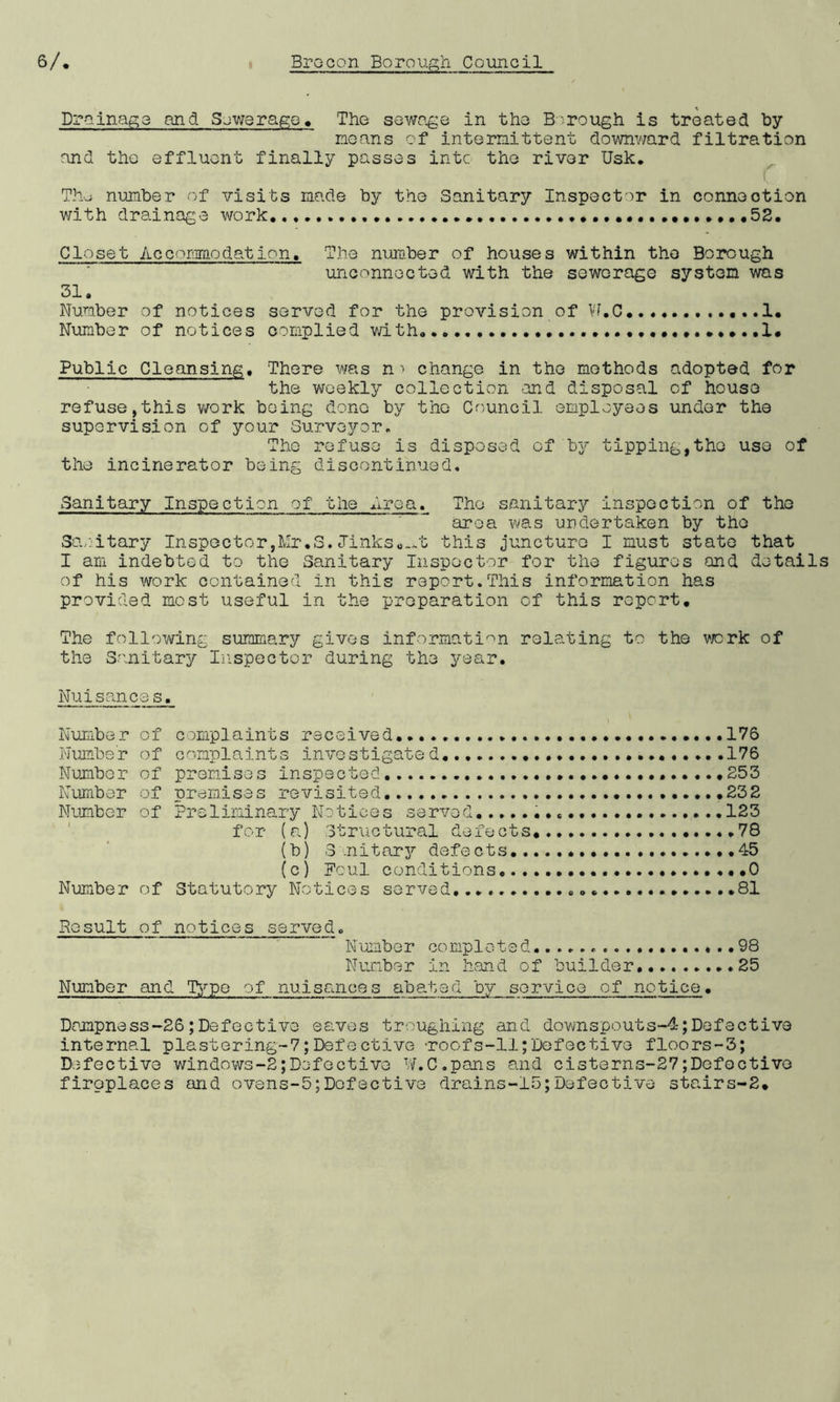 Drainage and Sewerage. The sewage in the Borough is treated by means of intermittent downward filtration and the effluent finally passes intc the river Usk. Tho number of visits made by the Sanitary Inspector in connection with drainage work... 52. Closet Accommodation, The number of houses within the Borough unconnected with the sewerage system was 31. Number of notices served for the provision of Vf.C 1. Number of notices complied with. .....I. Public Cleansing. There was n ^ change in the methods adopted for the weekly collection and disposal of house refuse,this work being done by the Council employees under the supervision of your Surveyor. The refuse is disposed of by tipping,the use of the incinerator being discontinued. Sanitary Inspection of the Area. The sanitary inspection of the area was undertaken by the Sanitary Inspector,Mr.S.Jinksthis juncture I must state that I am indebted to the Sanitary Inspector for the figures and details of his work contained in this report.This information has provided most useful in the preparation of this roport. The following summary gives information relating to the work of the Sanitary Inspector during the year. Nuisances. Number of complaints received............... ......176 Number of complaints investigated. 176 Number of premises inspected 253 Number of premises revisited.. .232 Number of Preliminary Notices served 123 for (a) Structural defects 78 (b) 3'.nitary defects 45 (c) Foul conditions .....0 Number of Statutory Notices served..., 81 Result of notices served„ Number completed. 98 Number in hand of builder 25 Number and Type of nuisances abated by service of notice• Dampness-26;Defective eaves troughing and downspouts-4;Defective internal plastering-7;Defective -roofs-11;Defective floors-3; Defective windows-2;Defective W.C.pans and cisterns-27jDefoctivo firpplaces and ovens-5;Dofective drains-15;Defective stairs-2.