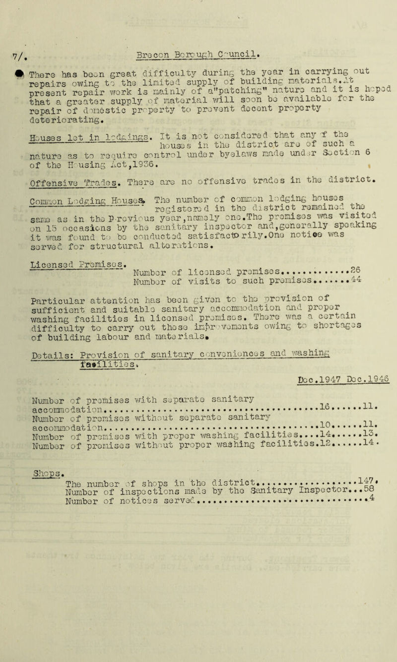 V/. * There has been great difficulty during the year in carrying out repairs owing to the limited supply of building materials.dm present repair work is mainly of a”patching” nature and it is h.p-jd that a greater supply of material will soon be available for the repair of domestic property to prevent decent property deteriorating. Houses let in lodgings. It is not considered that any f the houses in the district are of such a nature as to require control under byelaws made und;r Section 6 of the II using Act,1936. Offensive Trades. There are no offensive trades in the district. Common Lodging Houses. The numbe3? of common lodging houses registero d in the district remained the same as in the Previous year,namely one,The premises was visite . on 15 occasions by the sanitary inspector and,generally speaking it was found to be conducted satisfaclPrily.Ono notioe was served for structural alterations. Licensed Premises. — NmnbGr of liconsod premises Number of visits to such premises *44 Particular attention has been given to the provision of sufficient and suitable sanitary accommodation and proper . washing facilities in licensed premises. There was a certain difficulty to carry out these improvements owing to shortages of building labour and materials* Details: Provision of sanitary conveniences and washing facilities Doc.1947 Doc.1946 Number of promises with separate sanitary 16..., Number of premises without separate sanitary Number of premises Number of promises ...13. wi on proper wa oiixiig lai/iu. 1,10 o. # . .. without proper washing facilities.12*.. Shops. The number of shops in the district... .....147 Number of inspections made by the Sanitary Inspector...oo Number of notices served 4