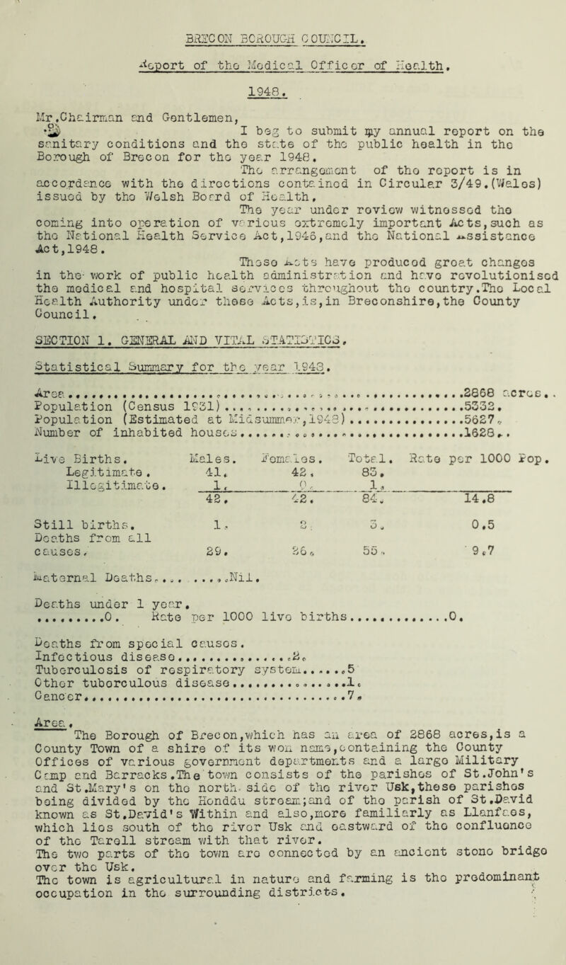 Report of the- Medical Officer of Health, 1948, Mr.Chairman end Gentlemen, *2^) I beg to submit Qiy annual report on the sanitary conditions and the state of the public health in the Borough of Brecon for the year 1948, The arrangement of tho report is in accordance with the directions contained in Circular 3/49, (Wales) issued by tho Welsh Board of Health, Tho year under roview witnessed tho coming into operation of various extremely important Acts,such as the National Health Service Act,1946,and the National assistance Act,1948. Thoso mats have producod groat changes in the- work of public health administration and hc.vo revolutionised tho medical and hospital services throughout the country,The Local Health Authority under these Acts,is,in Breconshire,the County Council. SUCTION 1, GENERAL AND VITAL STATISTICS, Statistical Summary for the year 1943. Area • •.. , .2868 acres, . Population (Census 1931) 5332, Population (Estimated at Midsummer, 1948) 5627v Number of inhabited houses * * 1628*. Live Births. Legitimate. Illegitimate. Maie s. 41. 1. Hemales. 42 , n, Total. Rate 83. 1, per 1000 jfop. 42, 42, 84 „ 14.8 Still births. Deaths from all 1, O o ■ 3 „ 0,5 causes, 29. 26 r. 55 ' 9,7 Maternal Deaths«,... . ..,.Nil. Deaths under 1 year, .........0 . Rate per 1000 live births 0, Deaths from special causos. Infectious disease. Tuberculosis of respiratory system 5 Other tuborculous disease 1. Cancer 7 „ Area. The Borough of Brecon,which has an area of 2868 acres,is a County Town of a shire of its won name,containing the County Offices of various government departments and a largo Military Camp and Barracks.The town consists of the parishes of St.John’s and St .Mary’s on the north-side of tho river Usk,these parishes being divided by the Honddu stream; and of tho parish of 3t.David known as St,David’s Within and also,more familiarly as Llanfaos, which lios south of tho river Usk and eastward of tho confluence of tho Tarell stream with that river. The two parts of tho town are connected by an ancient stono bridgo over the Usk, The town is agricultural in nature and farming is tho predominant occupation in the surrounding districts, '