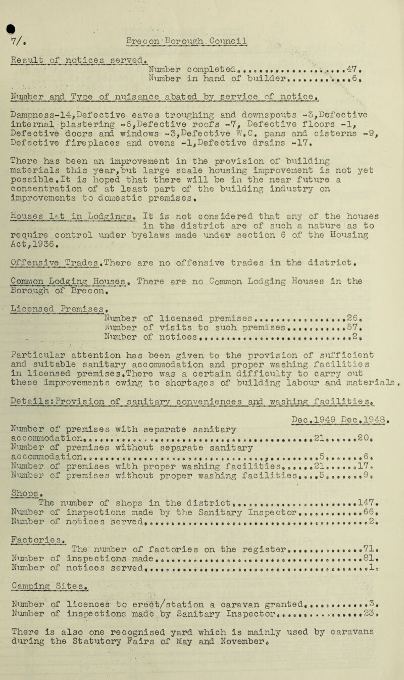 Result of notices served. Number c omplet ed ........ ....... 47 • Number in hand of builder *6, Ni3ih.ber and Type of nuisance abated by service of notice, Dampness-14,Defective eaves troughing and downspouts -3,Defective internal plastering -6,Defective roofs -7, Defective floors -1, Defective doors and windows -3,Defective W,C. pans and cisterns -9, Defective fireplaces and ovens -1,Defective drains -17* There has been an improvement in the provision of building materials this year,but large scale housing improvement is not yet possible.lt is hoped that there will be in the near future a concentration of at least part of the building industry on improvements to domestic premises. Houses let in Lodgings. It is not considered that any of the houses in the district are of such a nature as to require control under byelaws made under section 6 of the Housing Act,1936. Offensive Trades.There are no offensive trades in the district. Common Lodging Houses, There are no Common Lodging Houses In the Borough of Brecon, Licensed Premises, Number of licensed premises ,...,..,26. Number of visits to such premises 57. Number of notices,,,,, 2, Particular attention has been given to the provision of sufficient and suitable sanitary accommodation and proper washing facilities in licensed premises,There was a certain difficulty to carry out these improvements owing to shortages of building labour and materialsr Details: Provision of sanitary conveniences and, washing facilities. Doc.1949 Dec.1943, Number of premises with separate sanitary accommodation,. ..,*21,,,..,20, Number of premises without separate sanitary accommodation,,,,•••o,,,..,6, Number of premises with proper washing facilities,,21.....,17, Nimiber of premises without proper washing facilities,,.,5,,9» Shops. The number of shops in the district 147, Nimiber of Inspections made by the Sanitary Inspector,66, Number of notices served,*2, Factorie s. The number of factories on the register... ..«<> . .*. Number of Inspections made .......„.«,«. Number of notices served,...,« ..71, ». 81, 1* Camping Sites, Number of licences to eredt/station a caravan granted,.3. Number of inspections made , by Sanitary Inspector, ,23, There is also one recognised yard which is mainly used by caravans during the Statutory Fairs of May and November,