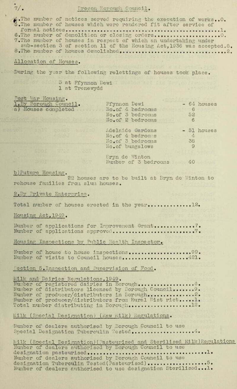 £ .The number of notices served requiring the execution of works,.0. 5. The number of houses which were rendered fit after service of formal notices . . . 1. 6. The number of demolition or closing orders..,. .0. 7. The number of houses in respect of which an undertaking under sub-section 3 of section 11 of the Housing Act,1936 was accepted.8. 8. The number of houses demolished, ,2. Allocation of Houses. During the year the following relettings of houses took place. 3 at Ffynnon Dewi 1 at Trenewydd ^ost bar Housing. l.By Borough Council, a) Houses completed Ffynnon Dewi No.of 4 bedrooms No.of 3 bedrooms No.of 2 bedrooms - 64 houses 6 52 6 Adelaide Gardens No.of 4 bedrooms No. of 3 bod r ooms No.of bungalows - 51 houses 4 38 9 Bryn do Winton Number of 3 bedrooms 40 b)Future Housing. 22 houses are to be built at Bryn do Winton to rehouse families from slum houses. 2.By Private Enterprise. Total number of houses erected in the year 12. Housing Act,1949 . Number of applications for Improvement Grant 7. Number of applications approved .7. Housing Inspections by Public Health Inspector, Number of house to house inspections. ..99. Number of visits to Council houses. .,421. ectlon 5.Inspection and dupervlsion of Food. hilk and Dairies Regulations,1949• Number of registered dairies in Borough 6. Number of distributors licensed by Borough Council 9. Number of producer/distributors in Borough..... 2. Number of producer/distributors from Rural Dist rlct.....l* Total number distributing in Borough, .....12. Bilk (Special Designation) (Raw hilk) Regulations. Number of dealers authorised by Borough Council to use Special Designation Tuberculin Tested, .4. I ilk (Special Designation)(Pasteurised and Sterilised Milk)Regulations Number of dealers authorised by Borough Council to use designation pasteurised ..1# Number of dealers authorised by Borough Council to use designation Tuberculin Tested( Pasteurised) »5. Number of dealers authorised to use designation Sterilised...!.