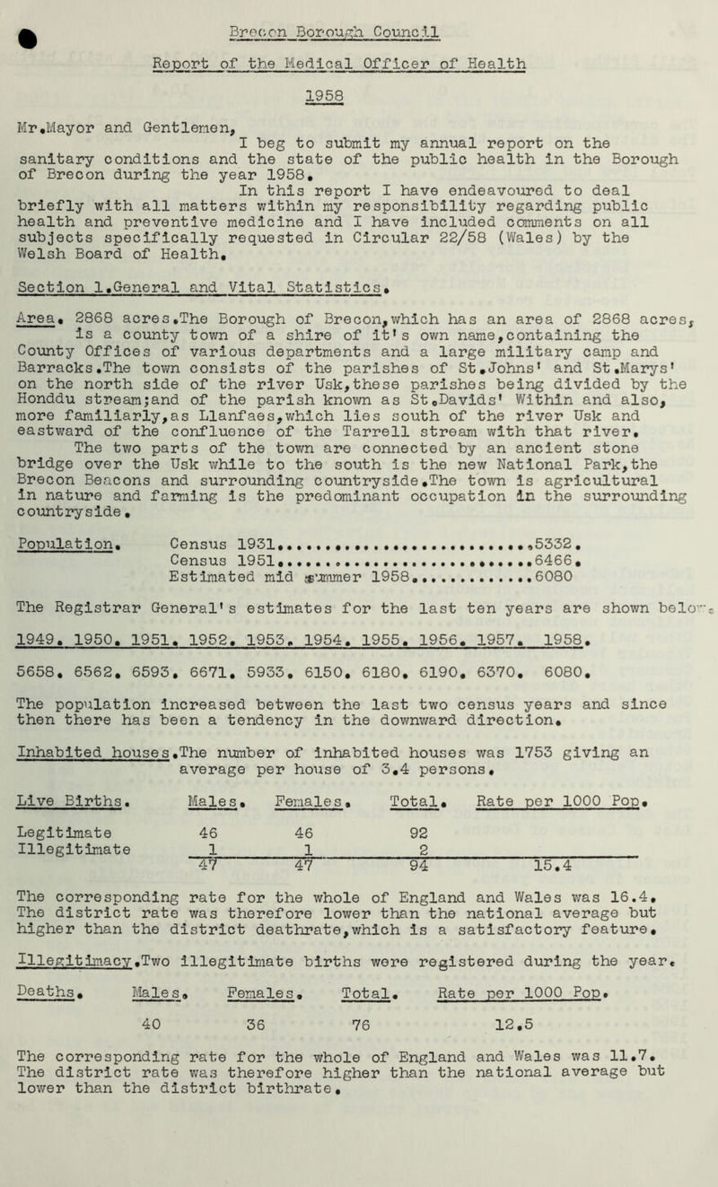 Report of the Medical Officer of Health 1958 Mr.Mayor and Gentlemen, I beg to submit my annual report on the sanitary conditions and the state of the public health in the Borough of Brecon during the year 1958, In this report I have endeavoured to deal briefly with all matters within my responsibility regarding public health and preventive medicine and I have included comments on all subjects specifically requested in Circular 22/58 (Wales) by the Welsh Board of Health, Section 1,General and Vital Statistics, Area, 2868 acres*The Borough of Brecon,which has an area of 2868 acres, is a county town of a shire of it’s own name,containing the County Offices of various departments and a large military camp and Barracks.The town consists of the parishes of St,Johns* and St .Marys’ on the north side of the river Usk,these parishes being divided by the Honddu streamjand of the parish known as St0Davids’ Within and also, more familiarly,as Llanfaes,which lies south of the river Usk and eastward of the confluence of the Tarrell stream with that river. The two parts of the town are connected by an ancient stone bridge over the Usk while to the south is the new National Park,the Brecon Beacons and surrounding countryside,The town is agricultural in nature and faming is the predominant occupation in the surrounding countryside, Population. Census 1931 5332. Census 1951,.., 6466, Estimated mid summer 1958.,.. ..6080 The Registrar General’s estimates for the last ten years are shown belo 1949. 1950, 1951. 1952, 1955. 1954. 1955. 1956, 1957, 1958. 5658. 6562. 6593, 6671. 5933, 6150. 6180. 6190. 6370. 6080. The population increased between the last two census years and since then there has been a tendency in the downward direction. Inhabited houses.The number of inhabited houses was 1753 giving an average per house of 3.4 persons. Live Births. Males. Females. Total. Rate per 1000 Pop. Legitimate 46 46 92 Illegitimate 1 1 2 VT 47 94 15.4 The corresponding rate for the whole of England and Wales was 16.4, The district rate was therefore lower than the national average but higher than the district deathrate,which is a satisfactory feature. Illegitimacy.Two illegitimate births were registered during the year. Deaths. Male s. Females. Total. Rate per 1000 Pop 40 36 76 12.5 The corresponding rate for the whole of England and Wales was 11.7. The district rate was therefore higher than the national average but lower than the district birthrate.