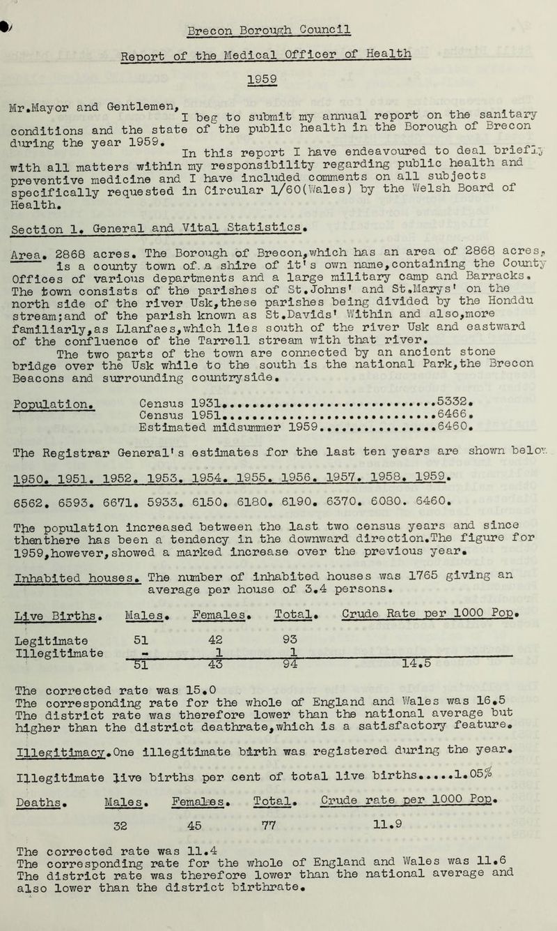 Report of the Medical Officer of Health 1959 Mr.Mayor and Gentlemen, I beg to submit my annual report on the sanitary conditions and the state of the public health in the Borough of Brecon during the year 1959. In this report I have endeavoured to deal briefxj with all matters within my responsibility regarding public health and preventive medicine and I have included comments on all subjects specifically requested in Circular l/60(Wales) by the Welsh Board of Health. Section 1. General and Vital Statistics. Area. 2868 acres. The Borough of Brecon,which has an area of 2868 acres, is a county town of. a shire of it’s own name,containing the County Offices of various departments and a large military camp and Barracks. The town consists of the parishes of St.Johns1 and St.Marys' on the north side of the river Usk,these parishes being divided by the Honddu stream;and of the parish known as St.Davids1 Within and also,more familiarly,as Llanfaes,which lies south of the river Usk and eastward of the confluence of the Tarrell stream with that river. The two parts of the town are connected by an ancient stone bridge over the Usk while to the south is the national Park,the Brecon Beacons and surrounding countryside. Population. Census 1931*......... ...5332. Census 1951* ••••••••.••• 6466 . Estimated midsummer 1959........ .6460. The Registrar General's estimates for the last ten years are shown belov 1950. 1951. 1952. 1955. 1954. 1955. 1956. 1957. 1958. 1959. 6562. 6593. 6671. 5933. 6150. 6180. 6190. 6370. 6080. 6460. The population increased between the last two census years and since thenthere has been a tendency in the downward direction.The figure for 1959,however,showed a marked increase over the previous year. Inhabited houses. The number of inhabited houses was 1765 giving an average per house of 3.4 persons. Live Births. Males. Females. Total. Crude Rate per 1000 Po£. Legitimate 51 42 93 Illegitimate - 1 1 ~5l 43 94“ 14.5 The corrected rate was 15.0 The corresponding rate for the whole of England and Wales was 16.5 The district rate was therefore lower than the national average but higher than the district deathrate,which is a satisfactory feature. Illegitimacy.One illegitimate birth was registered during the year. Illegitimate live births per cent of total live births.....1.05b Deaths. Males. Females. Total. Crude rate per 1000 Pog. 32 45 77 11.9 The corrected rate was 11.4 The corresponding rate for the whole of England and Wales was 11.6 The district rate was therefore lower than the national average and also lower than the district birthrate.